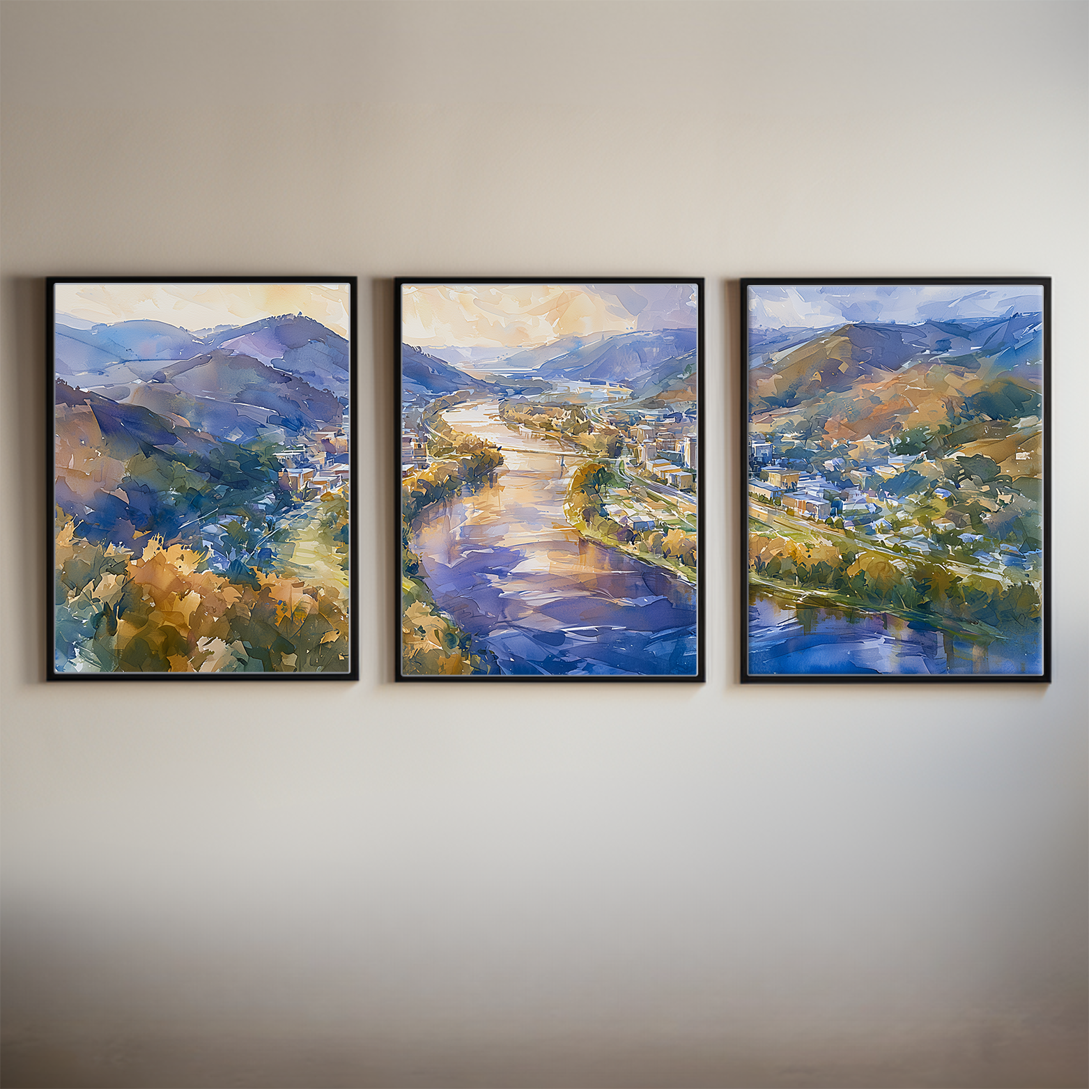 Driftless Region La Crosse Wisconsin Watercolor Triptych Wall Art, Set of 3 Landscape Prints