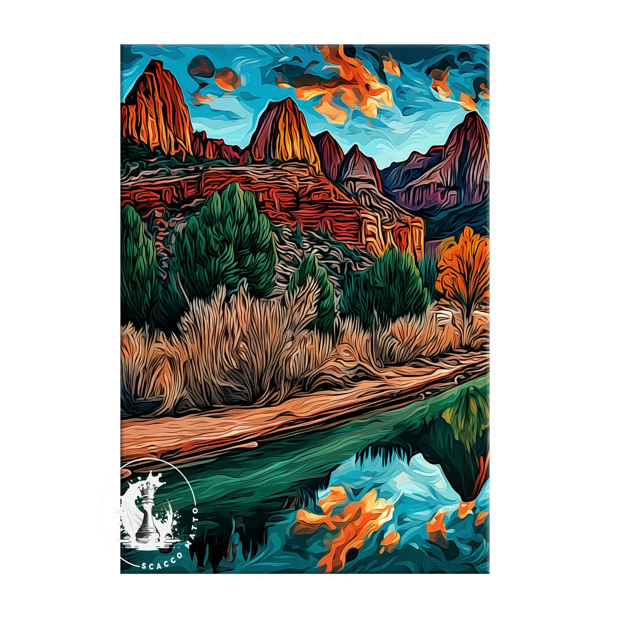 Left panel of Zion National Park Watchman Mountains at Sunset triptych featuring river bend, red rock cliffs, and warm evening sky