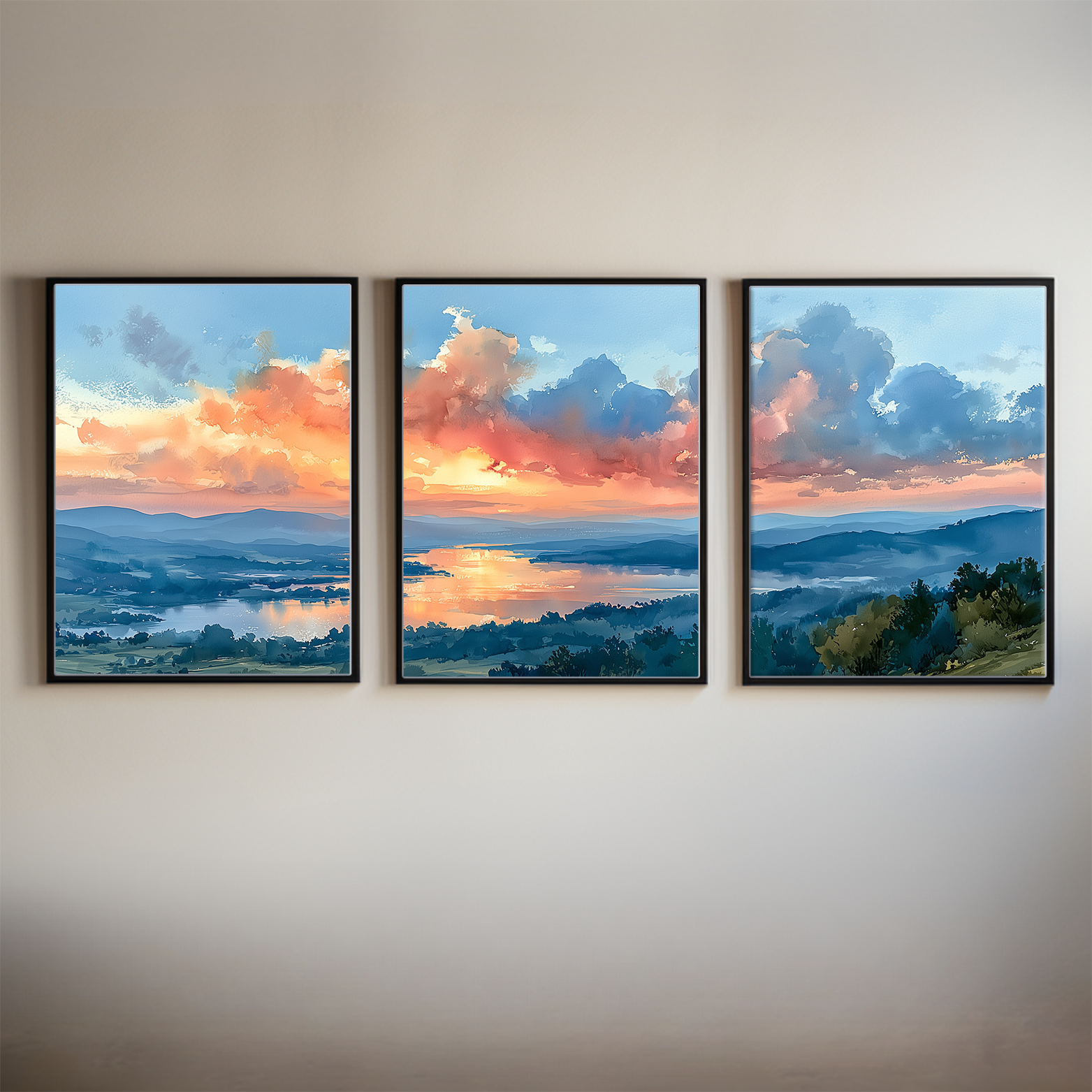 Adirondack Mountains New York Watercolor Triptych Wall Art, Set of 3 Mountain Prints