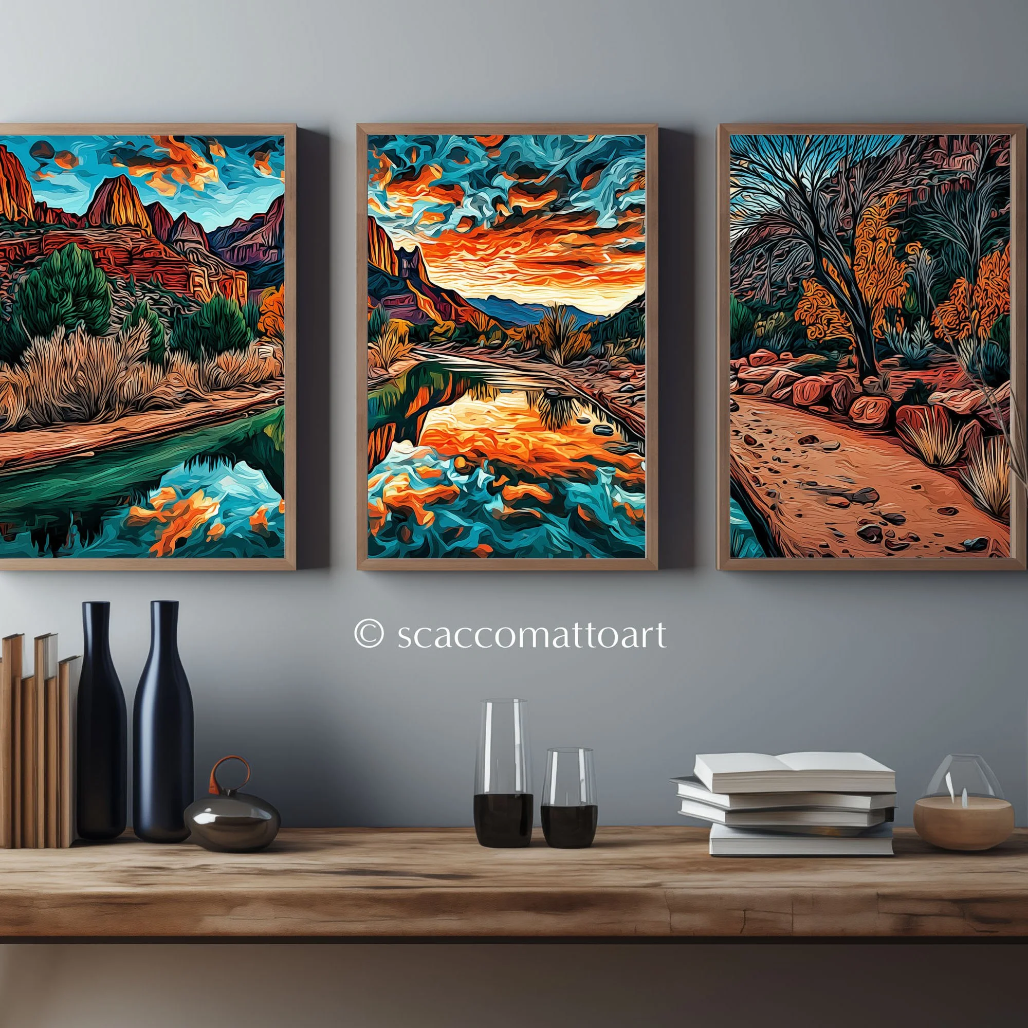 Zion National Park Watchman Mountains at Sunset abstract acrylic giclée triptych framed above a wooden console table