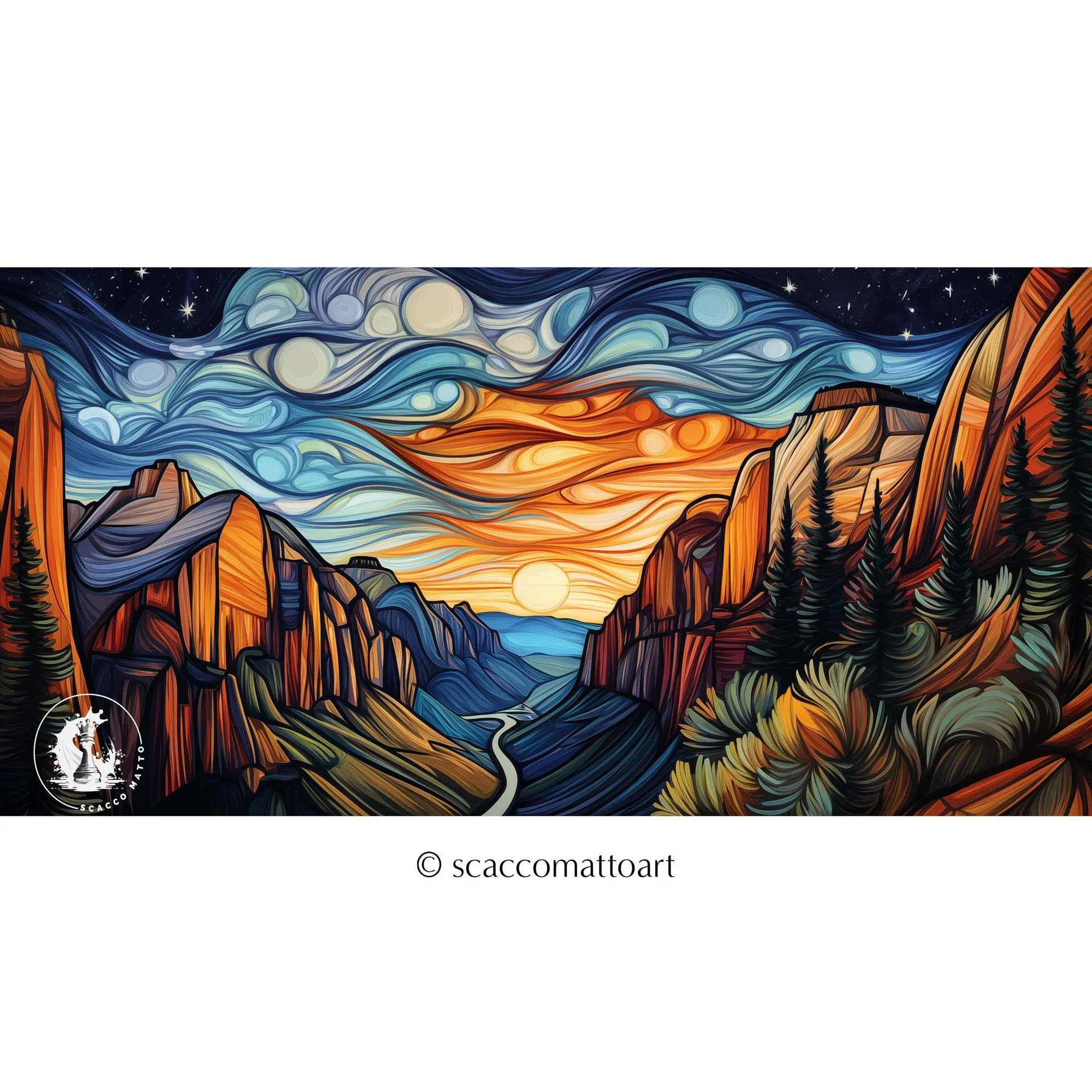 Zion National Park Zion Canyon Overlook Sunrise abstract acrylic panoramic landscape with glowing sky, canyon walls, and winding valley view