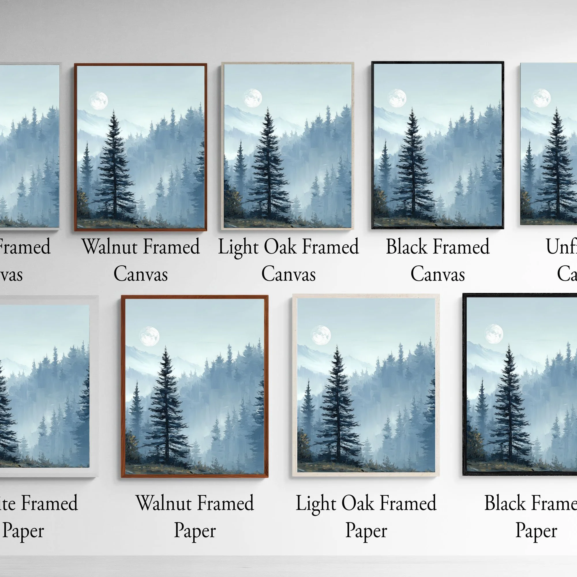 Frame and print material options for Olympic National Park by Moonlight watercolor wall art