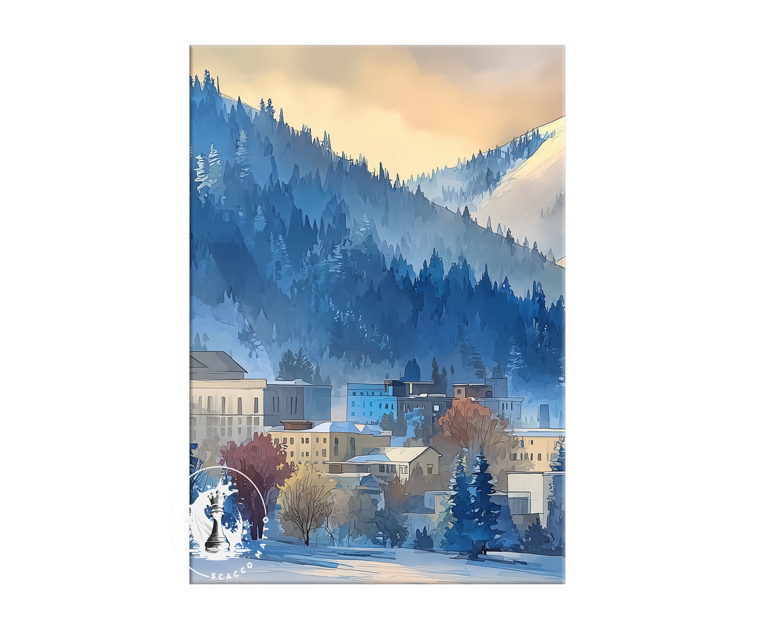 Watercolor of Park City beneath the snow-covered Wasatch Mountains in Utah
