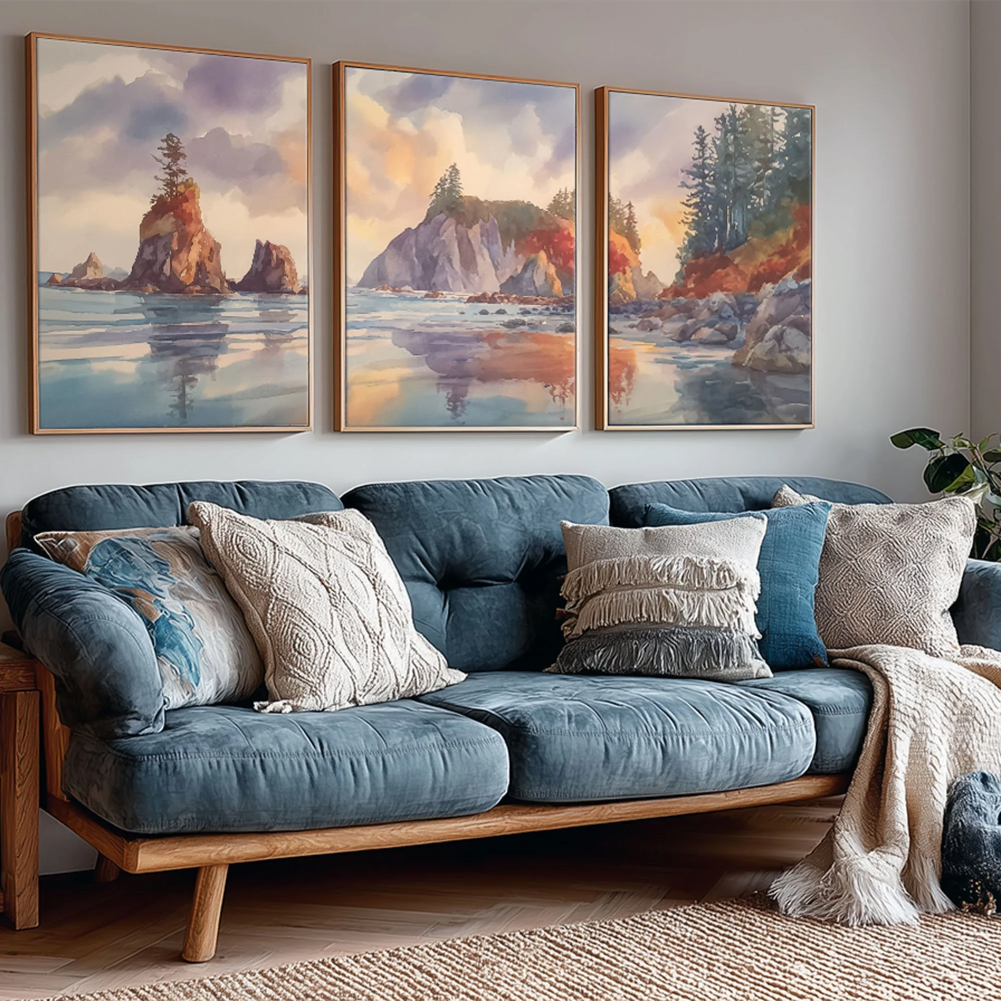 Olympic National Park Coastal Sunset Fireworks triptych styled above a blue sofa