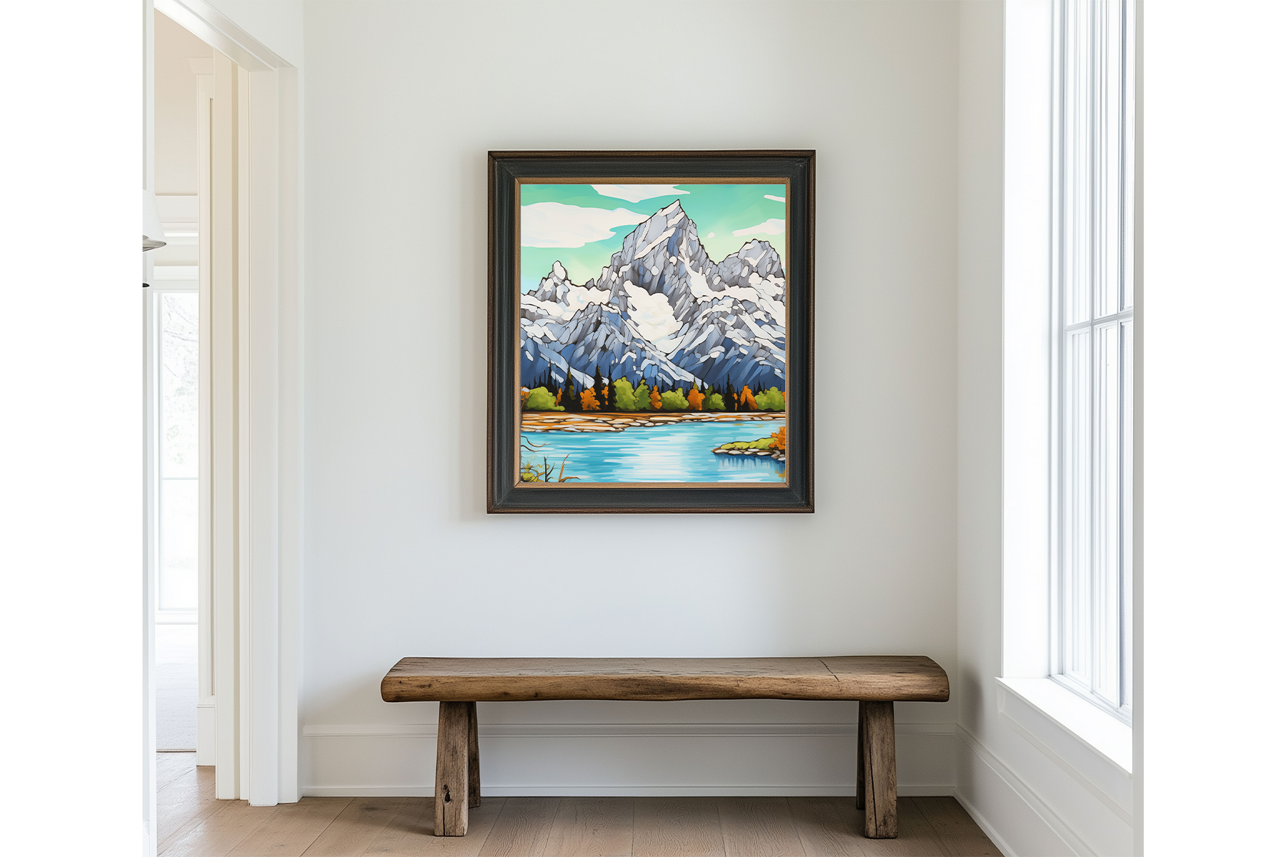 Framed Grand Teton mountain wall art above a rustic bench, featuring snowy peaks, turquoise sky, autumn trees, and a reflective lake in a watercolor-inspired style.