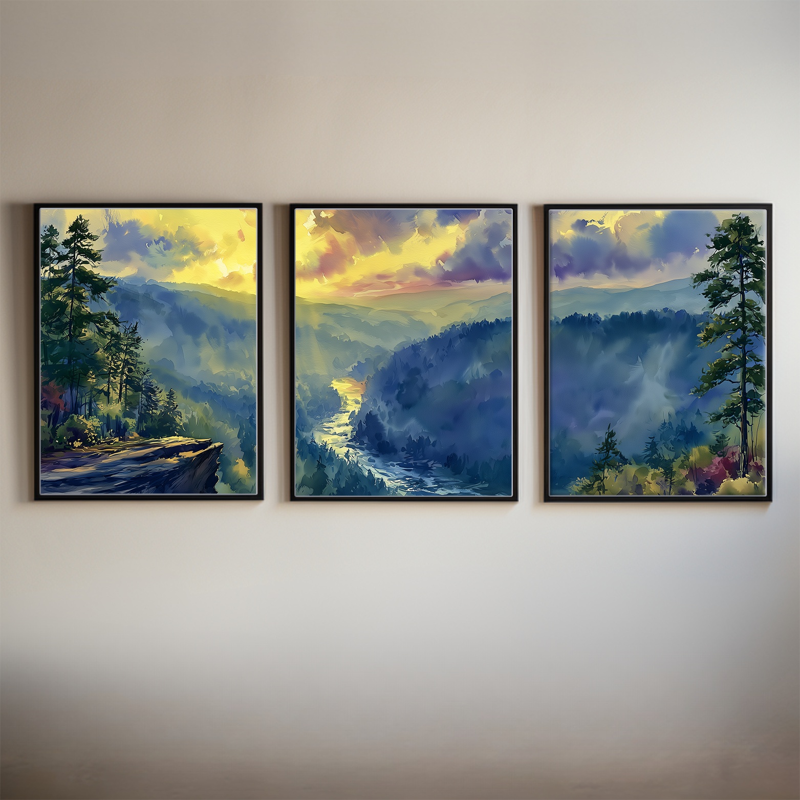 Blue Ridge Mountain River North Carolina Watercolor Triptych Wall Art, Set of 3 Forest Prints