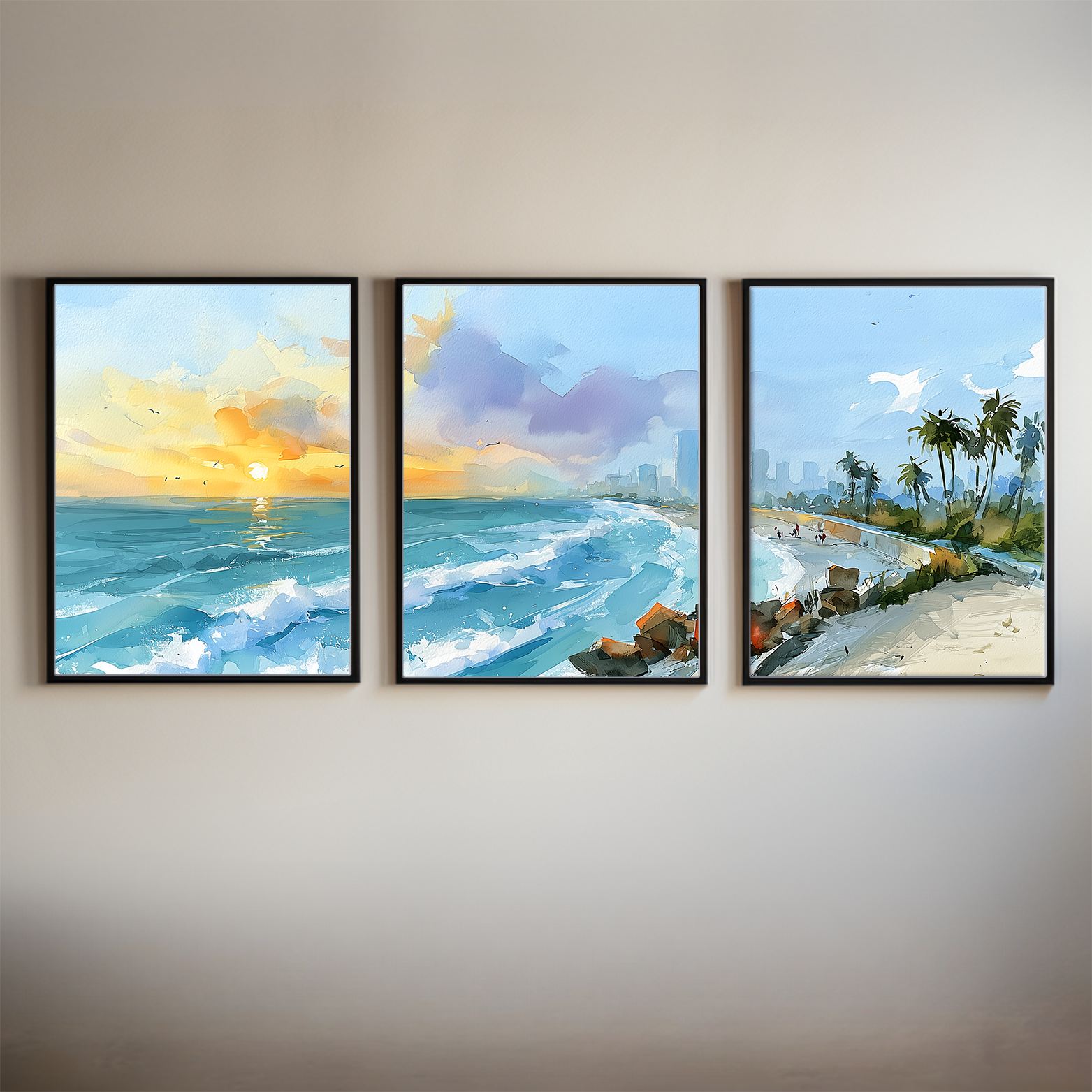Galveston Texas Coastal Watercolor Triptych Wall Art, Set of 3 Gulf Coast Prints