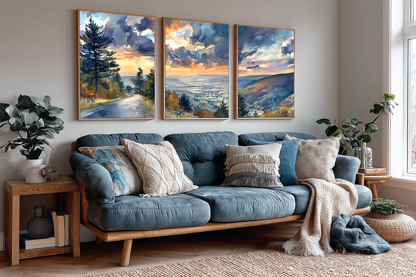 scenic-route-100-vermont-autumn-watercolor-triptych-wall-art-angle-living-room.webp