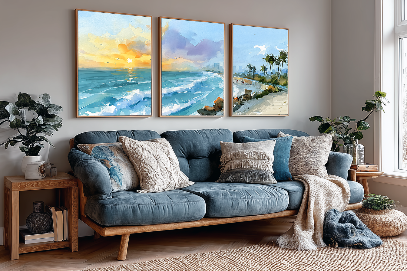 galveston-texas-coastal-watercolor-triptych-wall-art-angle-living-room.webp