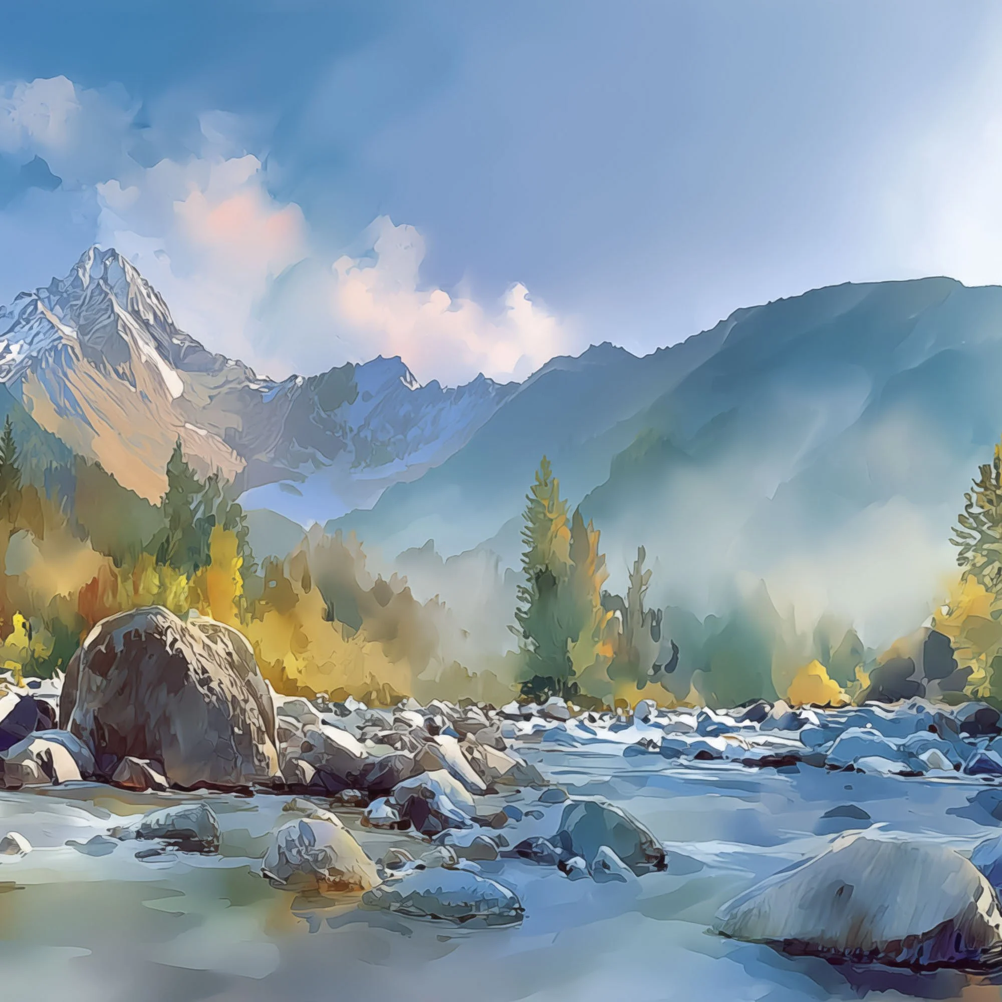 Left panel of Mount Washington Olympic National Forest triptych featuring river rocks, autumn trees, and mountain light