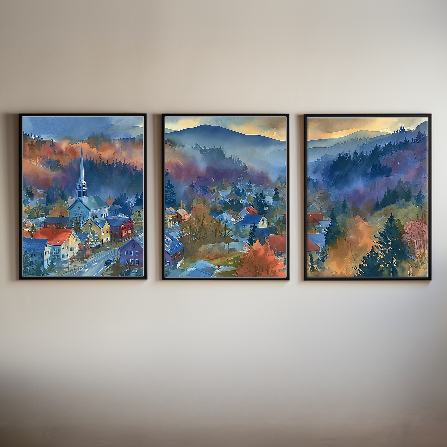 Downtown Stowe Vermont Watercolor Triptych Wall Art, Set of 3 New England Village Prints