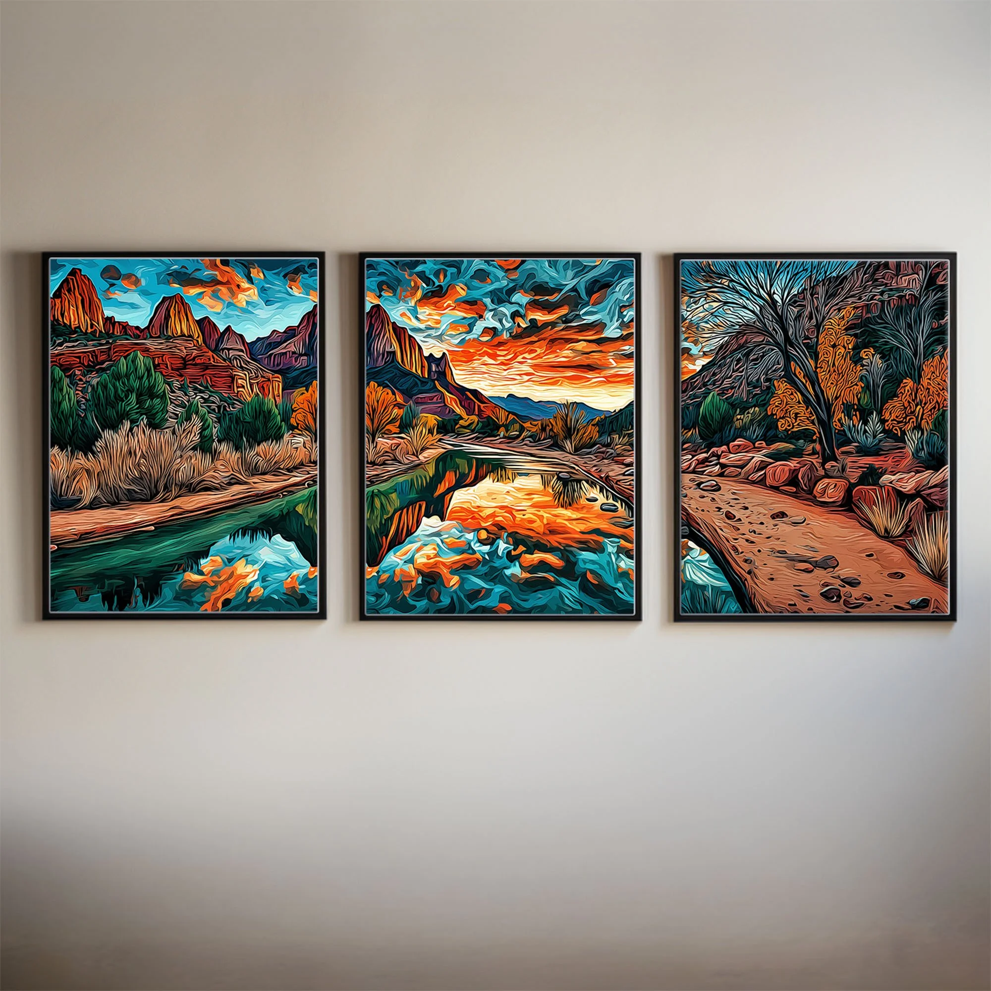 Framed Zion National Park Watchman Mountains at Sunset abstract acrylic giclée triptych on a neutral interior wall