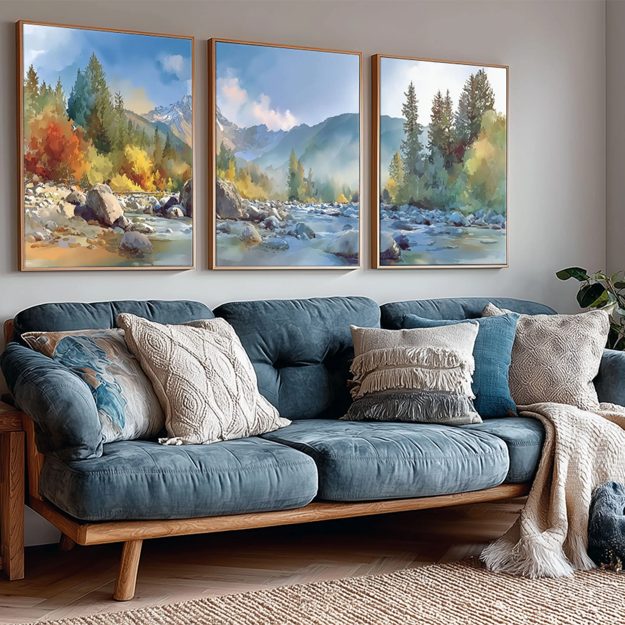 Mount Washington Olympic National Forest watercolor triptych styled above a blue sofa