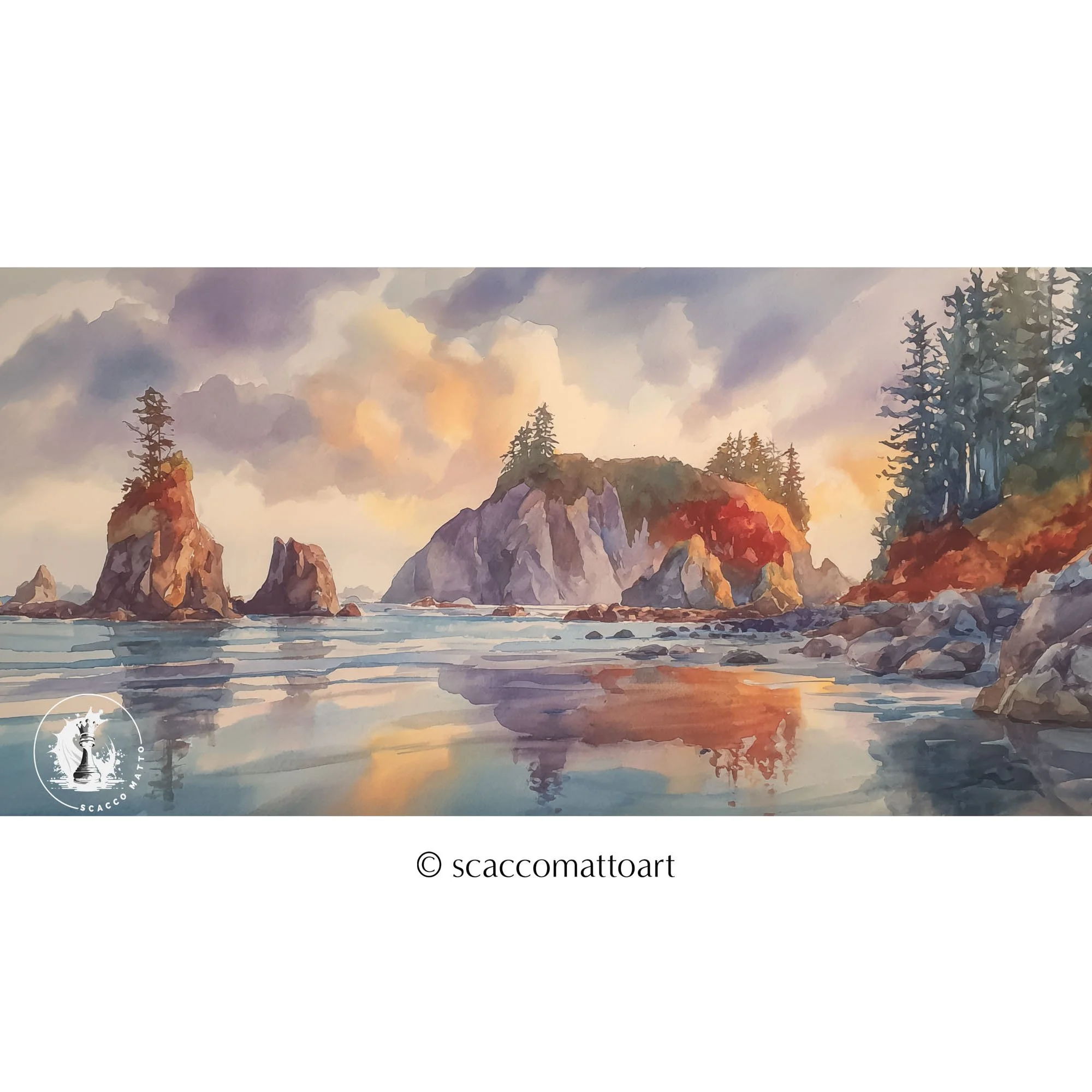 Olympic National Park Coastal Sunset Fireworks panoramic landscape with sea stacks, shoreline reflections, and glowing sunset color