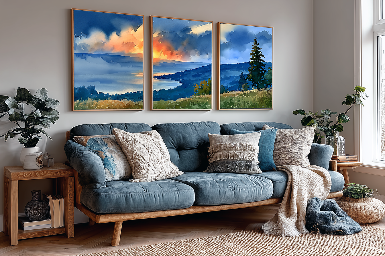 Three-panel Finger Lakes New York watercolor wall art above a blue sofa