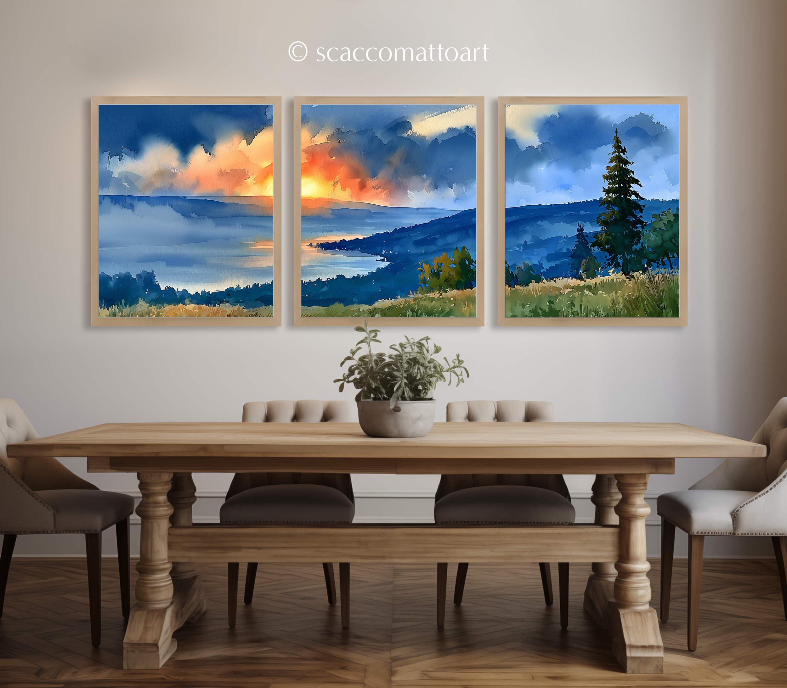 Three framed Finger Lakes New York watercolor landscape panels above a dining table