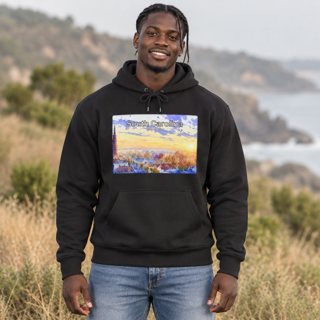 Man wearing a black hoodie with a Charleston South Carolina watercolor print on a coastal hillside
