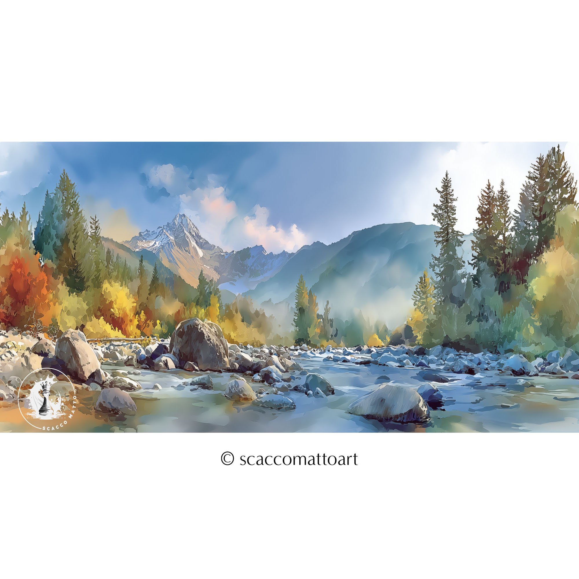 Mount Washington Olympic National Forest panoramic watercolor landscape with river, trees, and mountain view