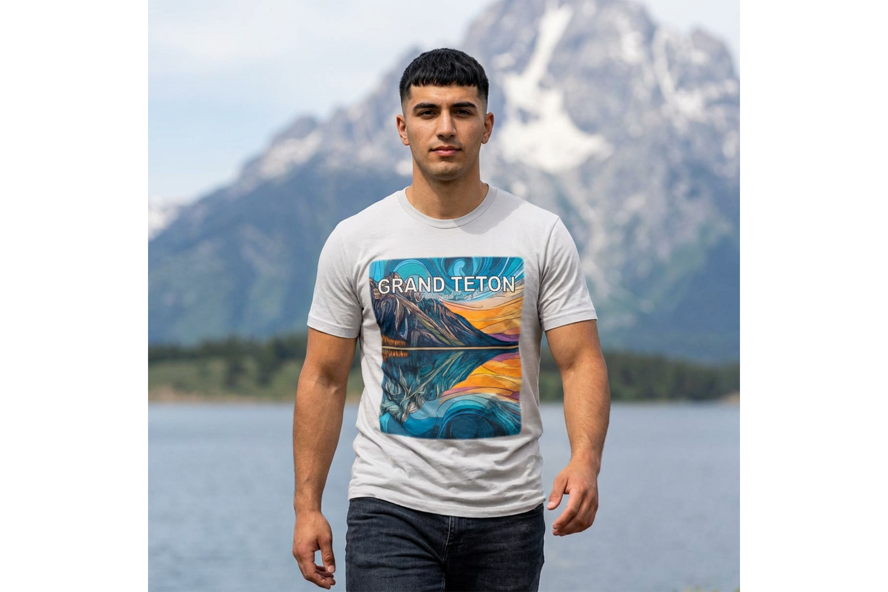 Man wearing a light gray Grand Teton graphic T-shirt with abstract mountain and lake artwork, standing outdoors with the Tetons and water softly blurred in the background.
