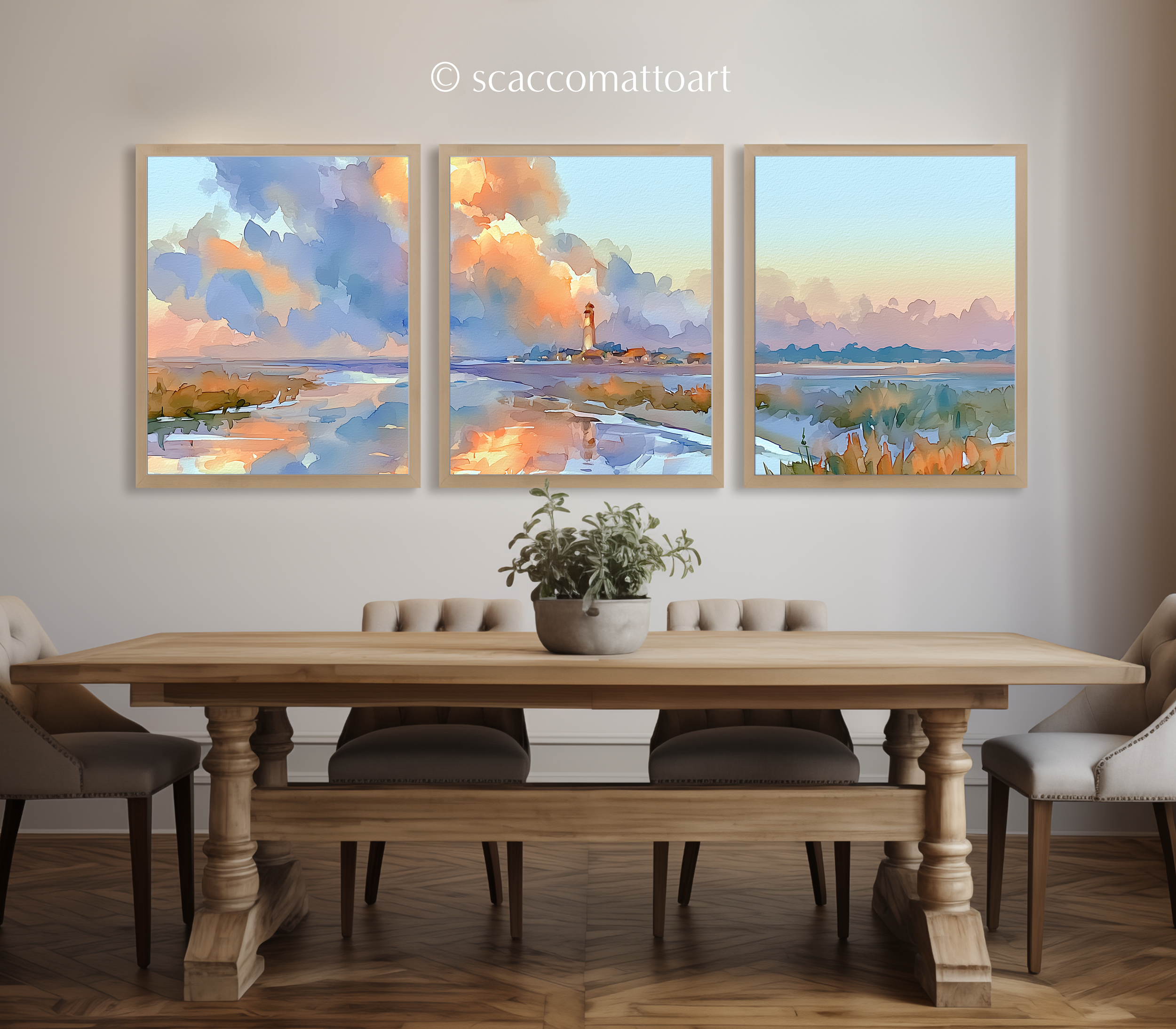 cape-hatteras-lighthouse-north-carolina-watercolor-triptych-wall-art-dining-room.webp