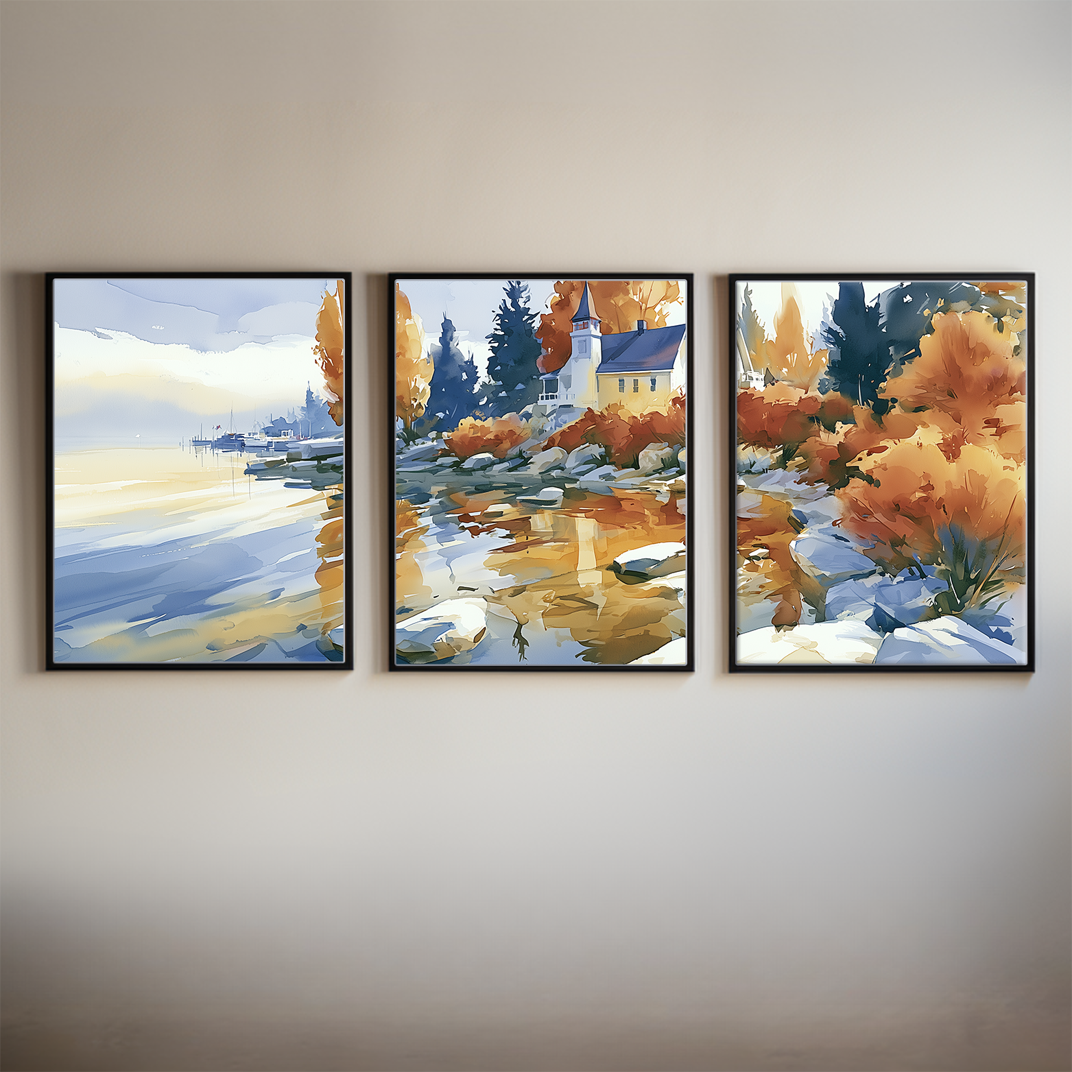 Door County Harbor Wisconsin Watercolor Triptych Print, Autumn Lakefront Village Wall Art