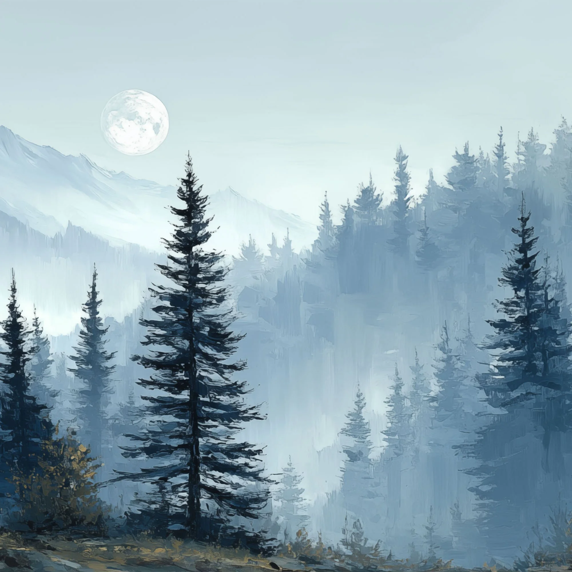 Left panel of Olympic National Park by Moonlight triptych featuring moonlit pines and misty mountain layers