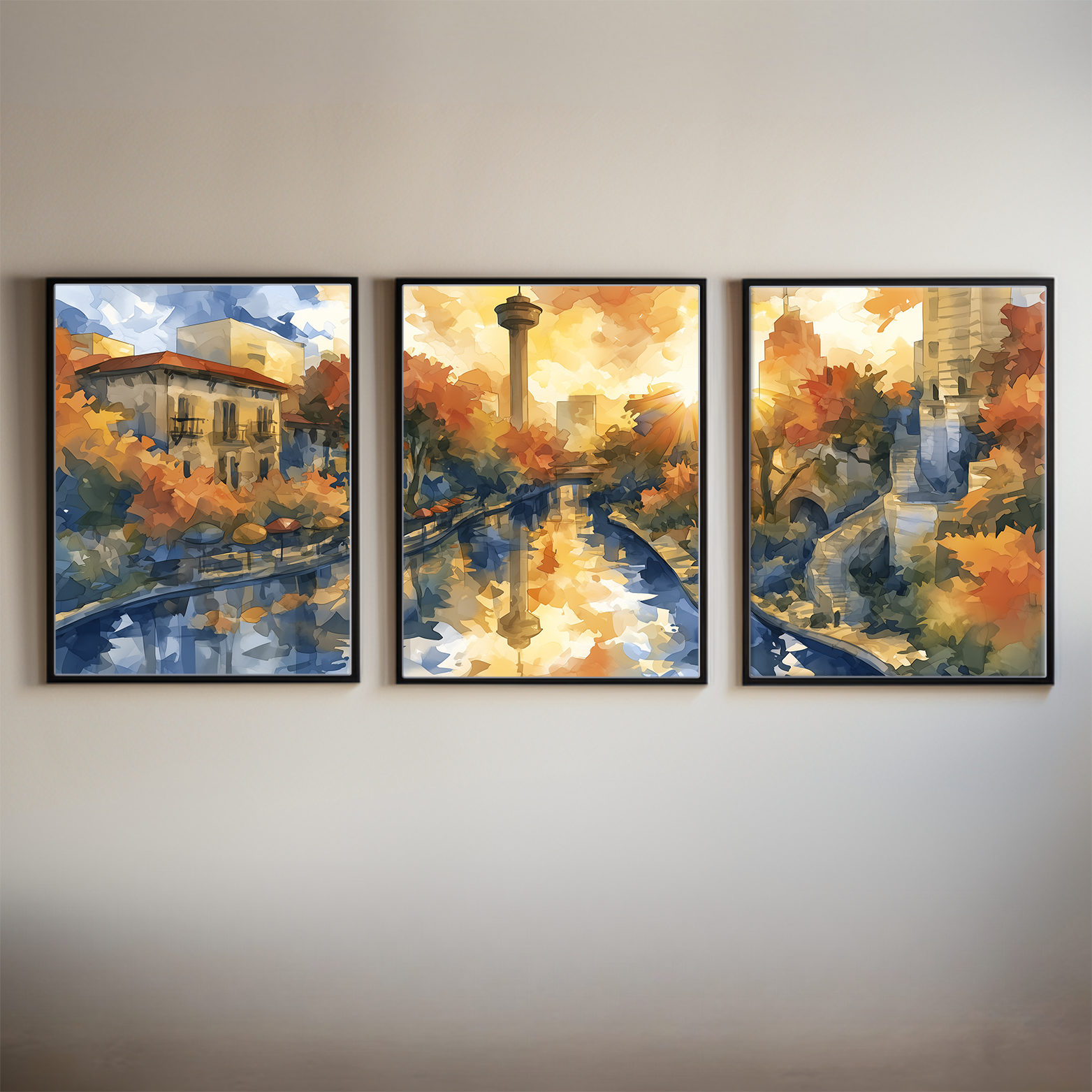 San Antonio River Walk Bridge Watercolor Triptych Wall Art, Set of 3 Texas Prints