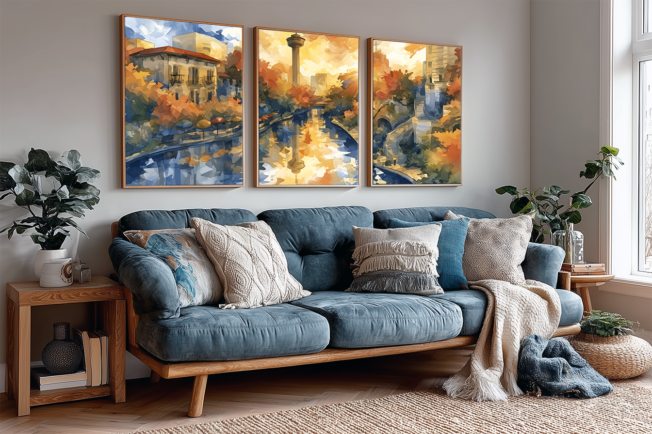 san-antonio-river-walk-bridge-watercolor-triptych-wall-art-angle-living-room.webp