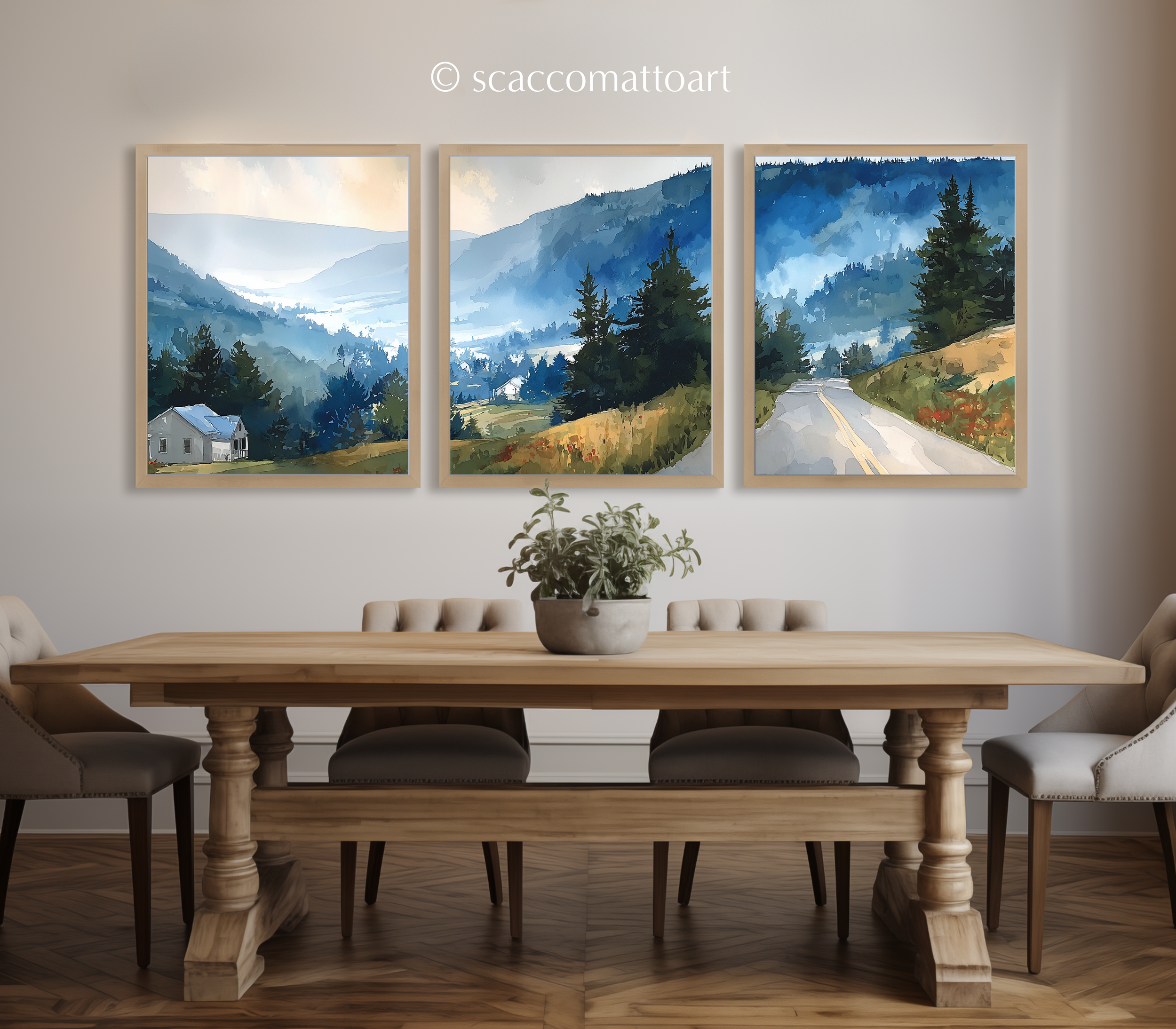 scenic-route-100-vermont-watercolor-triptych-wall-art-dining-room.webp