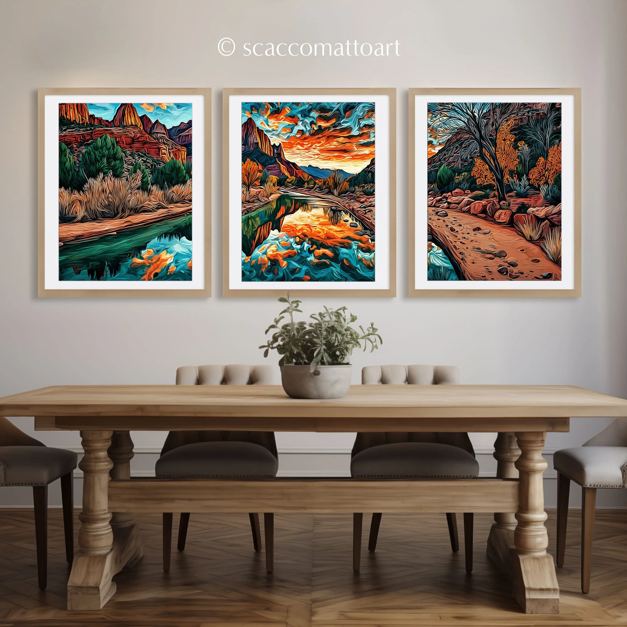 Zion National Park Watchman Mountains at Sunset abstract acrylic giclée triptych displayed above a rustic dining table