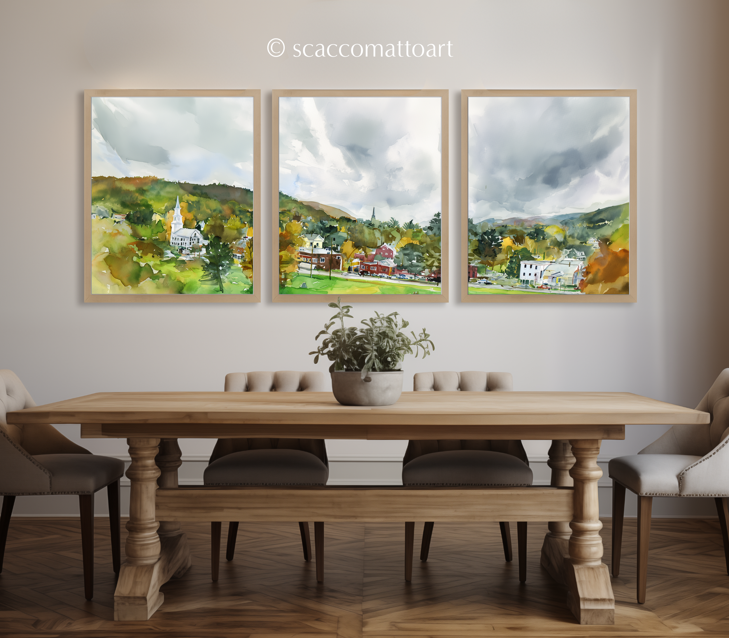 woodstock-village-vermont-watercolor-triptych-wall-art-dining-room.webp