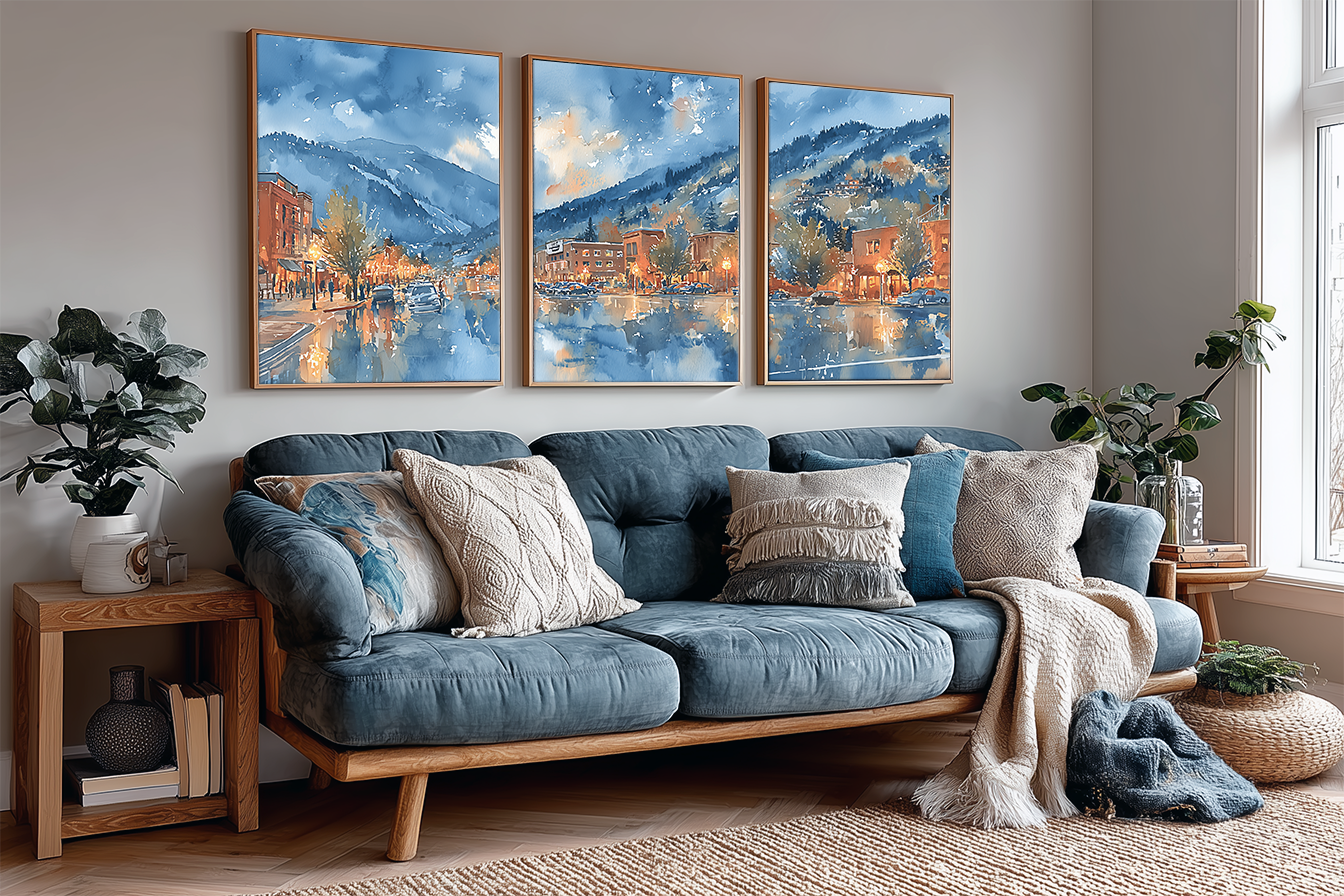 park-city-utah-sunset-watercolor-triptych-wall-art-angle-living-room.webp