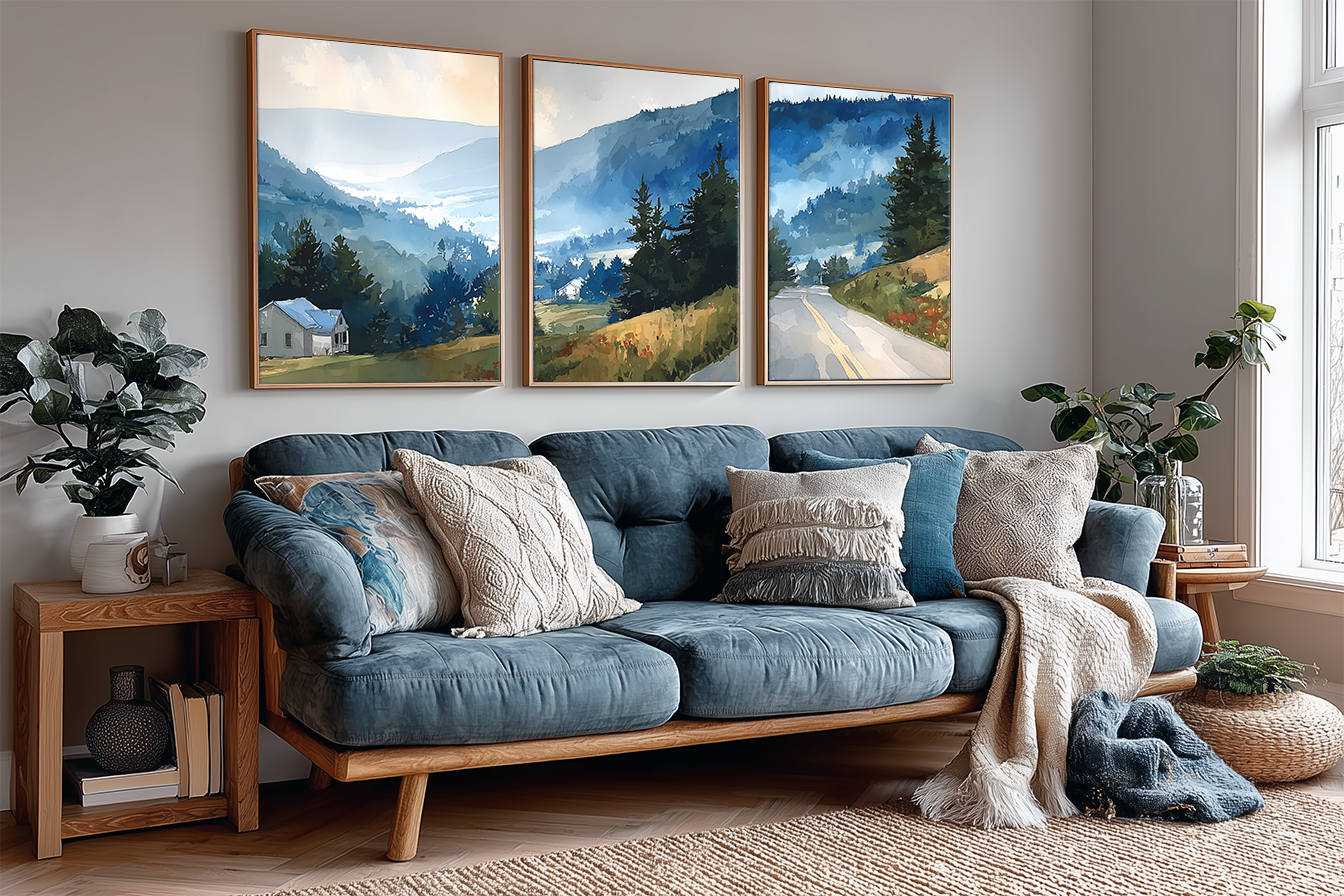Scenic Route 100 Vermont Watercolor Triptych Wall Art, Set of 3 Country Road Prints