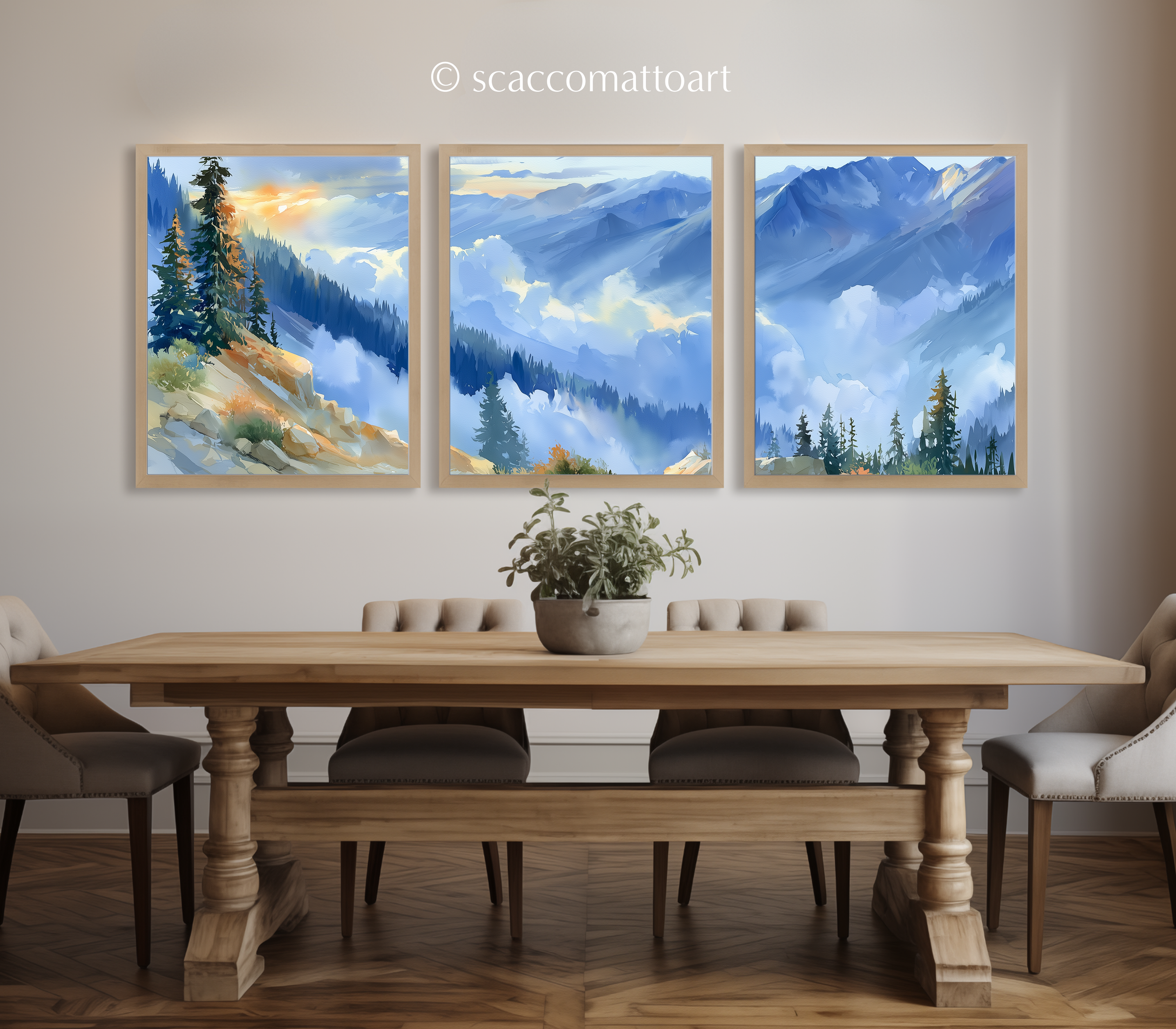 big-cottonwood-canyon-utah-watercolor-triptych-wall-art-dining-room.webp