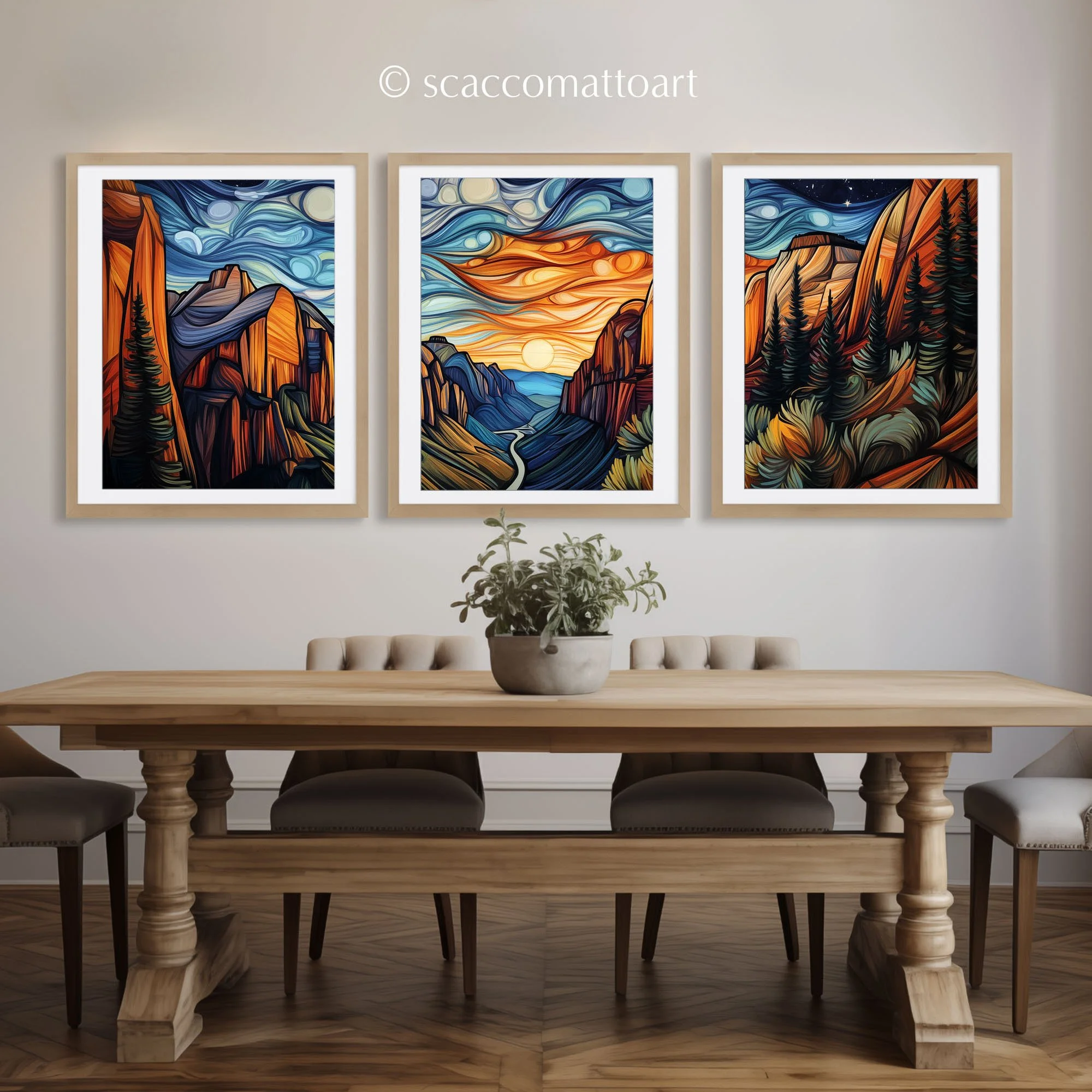 Zion National Park Zion Canyon Overlook Sunrise abstract acrylic triptych displayed above a rustic dining table