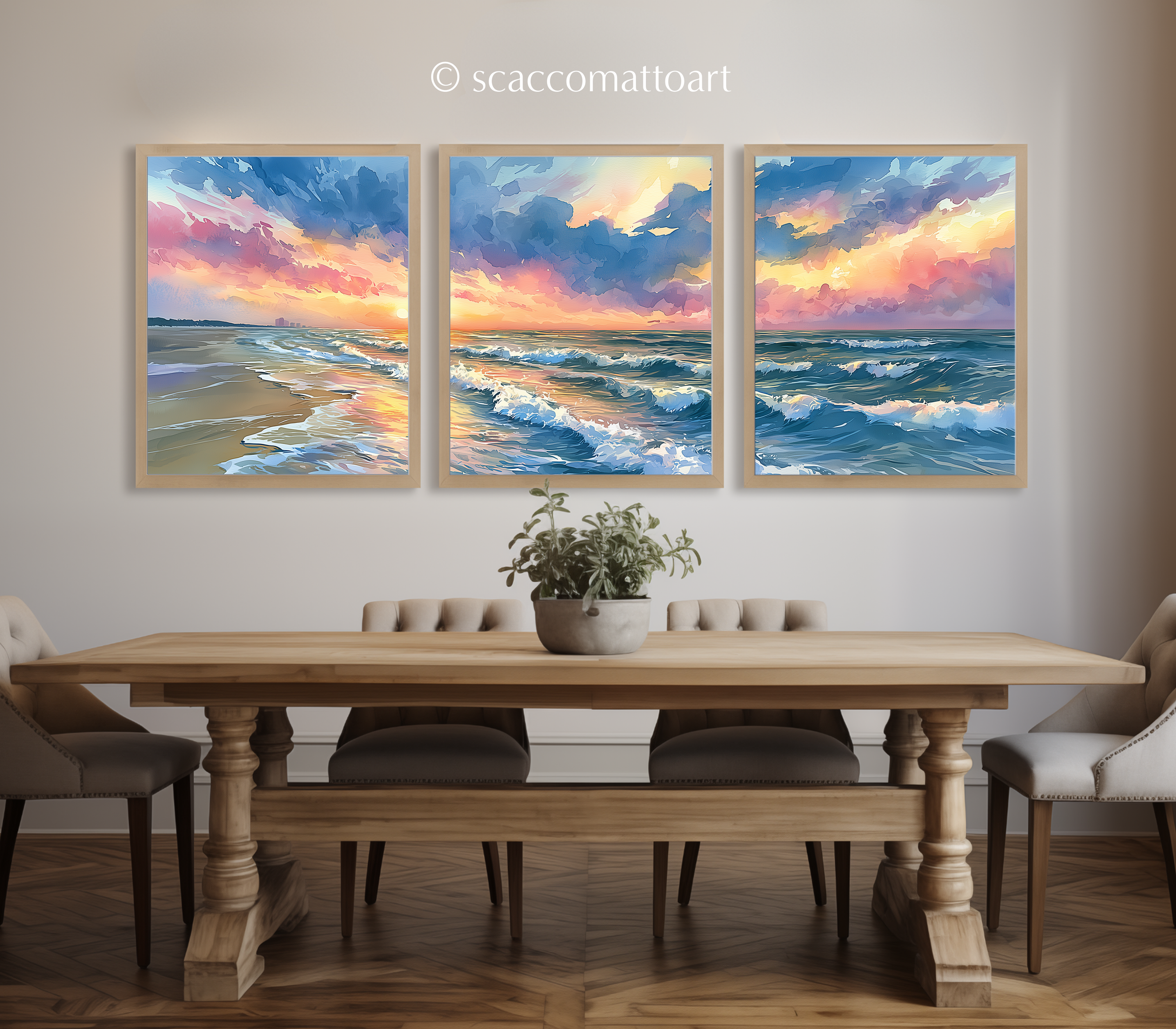 outer-banks-beach-sunset-north-carolina-watercolor-triptych-wall-art-dining-room.webp