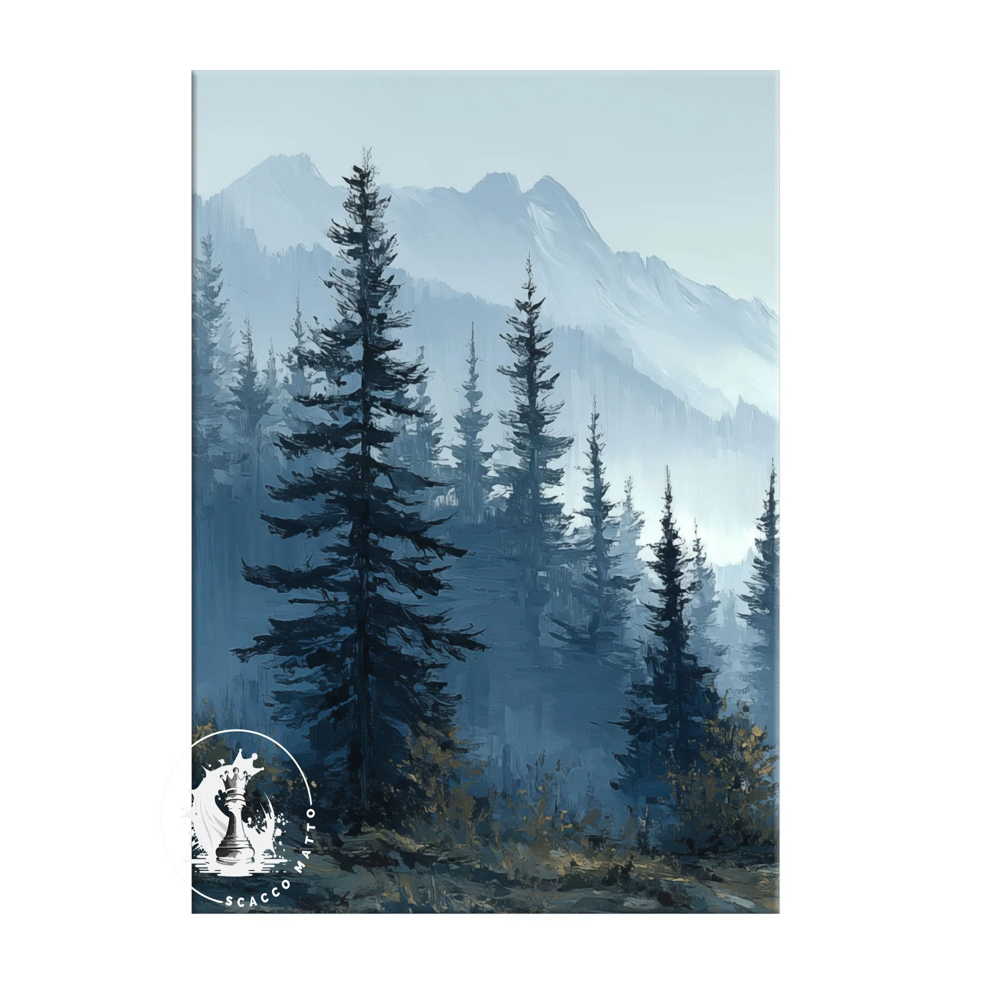 Center panel of Olympic National Park by Moonlight triptych featuring moon above a misty evergreen landscape