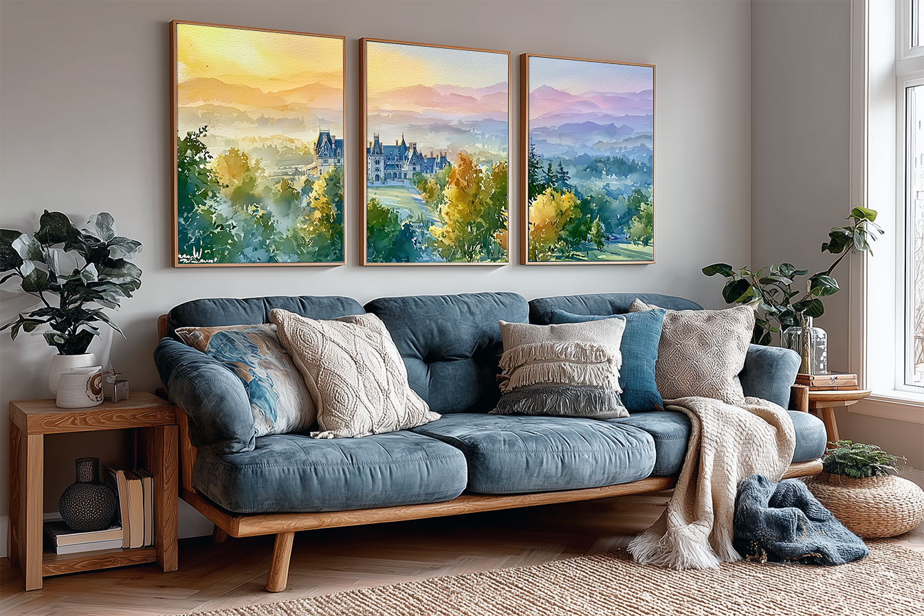 biltmore-estate-blue-ridge-mountains-north-carolina-watercolor-triptych-wall-art-angle-living-room.webp