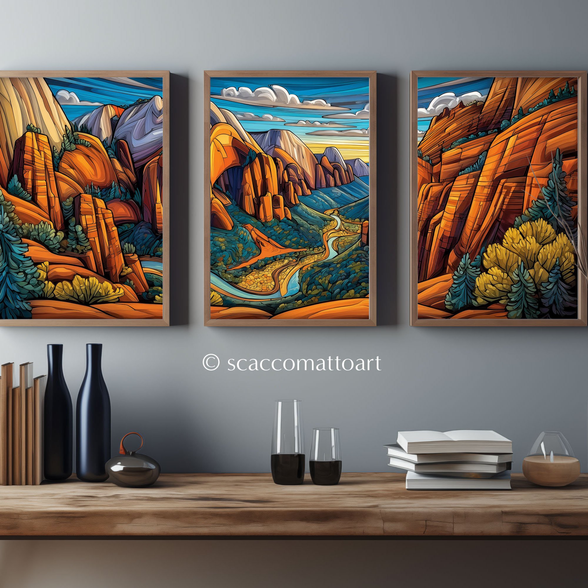 Zion National Park Angels Landing Abstract Acrylic Triptych Print | Framed or Unframed Wall Art
