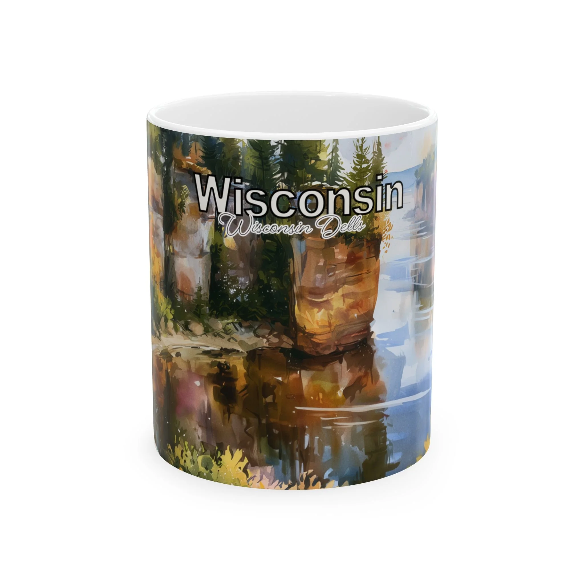 Coffee mug with a Wisconsin sandstone cliff and pine forest watercolor design
