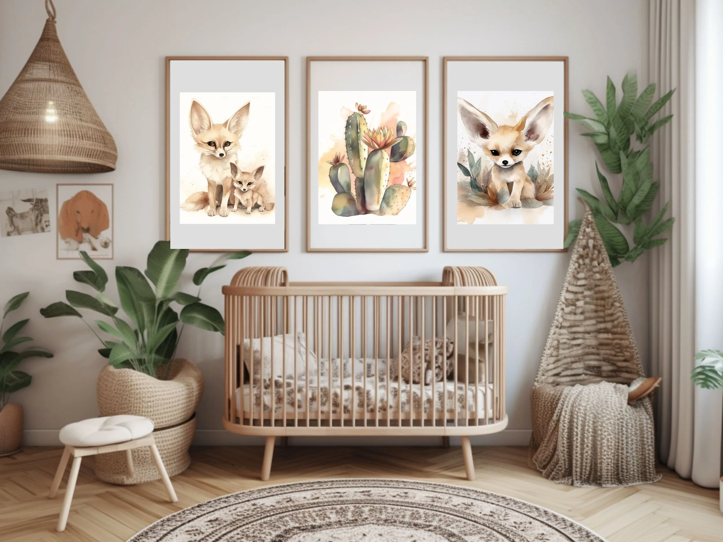 Boho desert woodland nursery with three framed watercolor animal prints above crib — fennec fox and cactus nursery wall art set