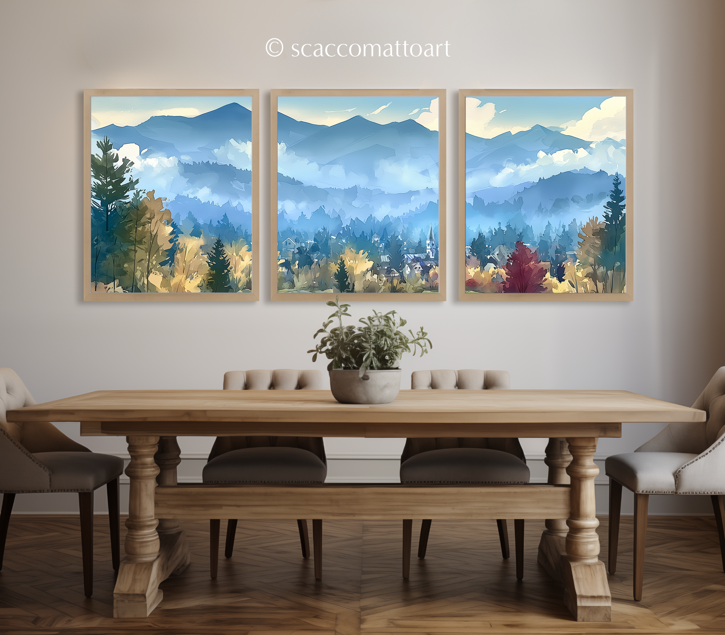 Three-panel Stowe Vermont village watercolor wall art above a wooden dining table