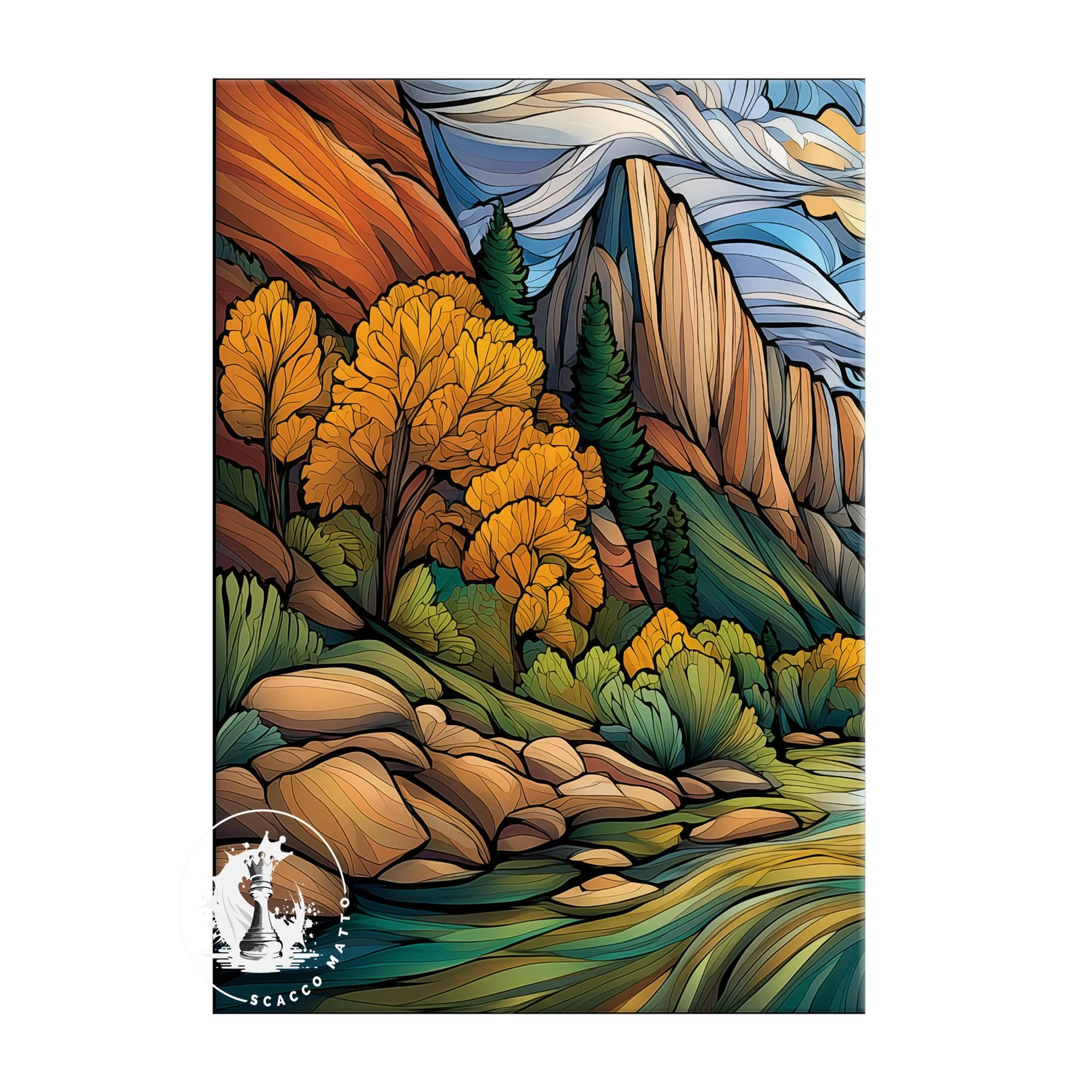 Left panel of Kolob Canyons Zion National Park abstract acrylic triptych, featuring red canyon cliffs, golden foliage, rocks, and flowing blue water.