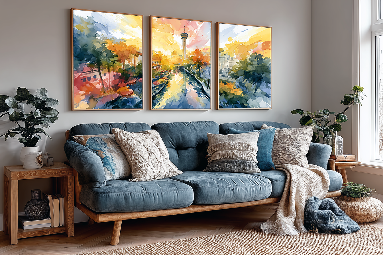san-antonio-river-walk-texas-watercolor-triptych-wall-art-angle-living-room.webp