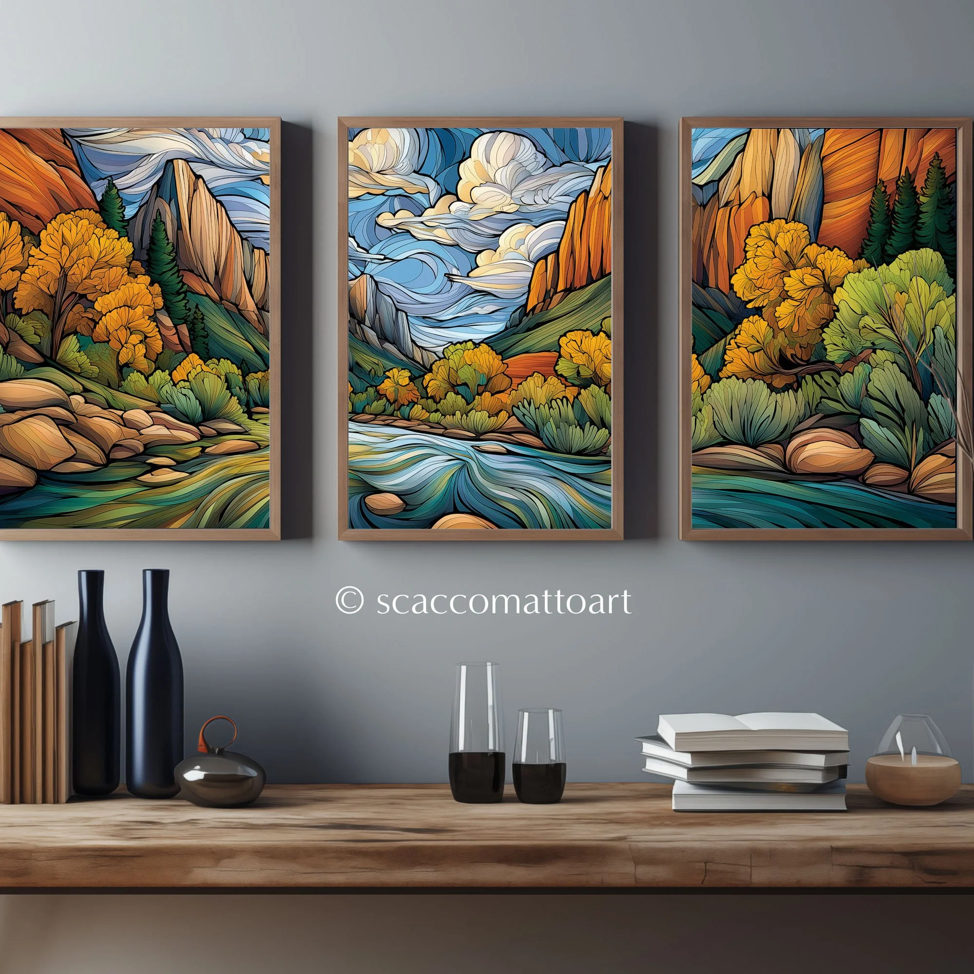 Kolob Canyons Zion National Park abstract acrylic triptych wall art shown above a console table, with red cliffs, golden trees, and a winding blue river.