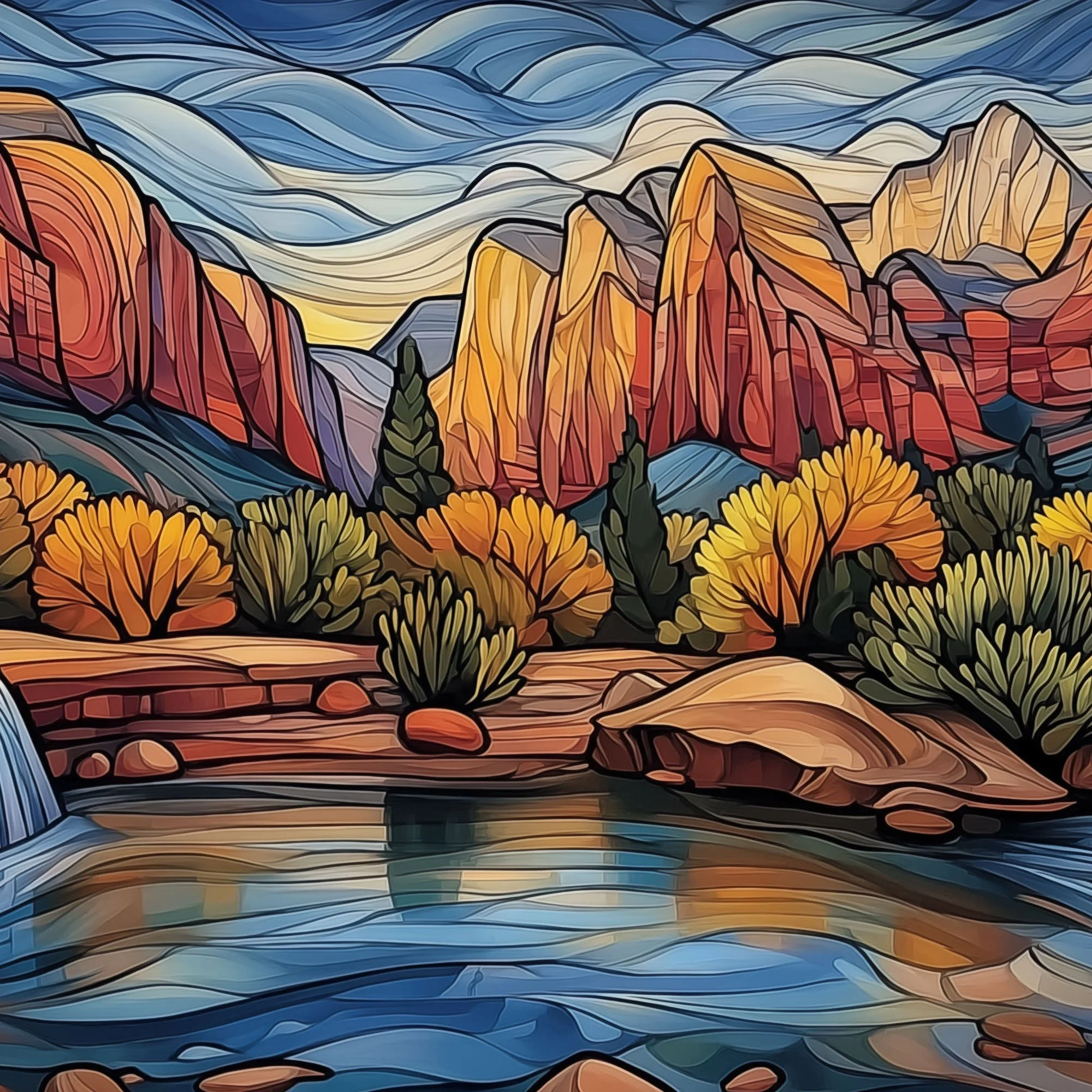 Center panel of Zion National Park Emerald Pools triptych featuring reflective water and sunlit canyon peaks