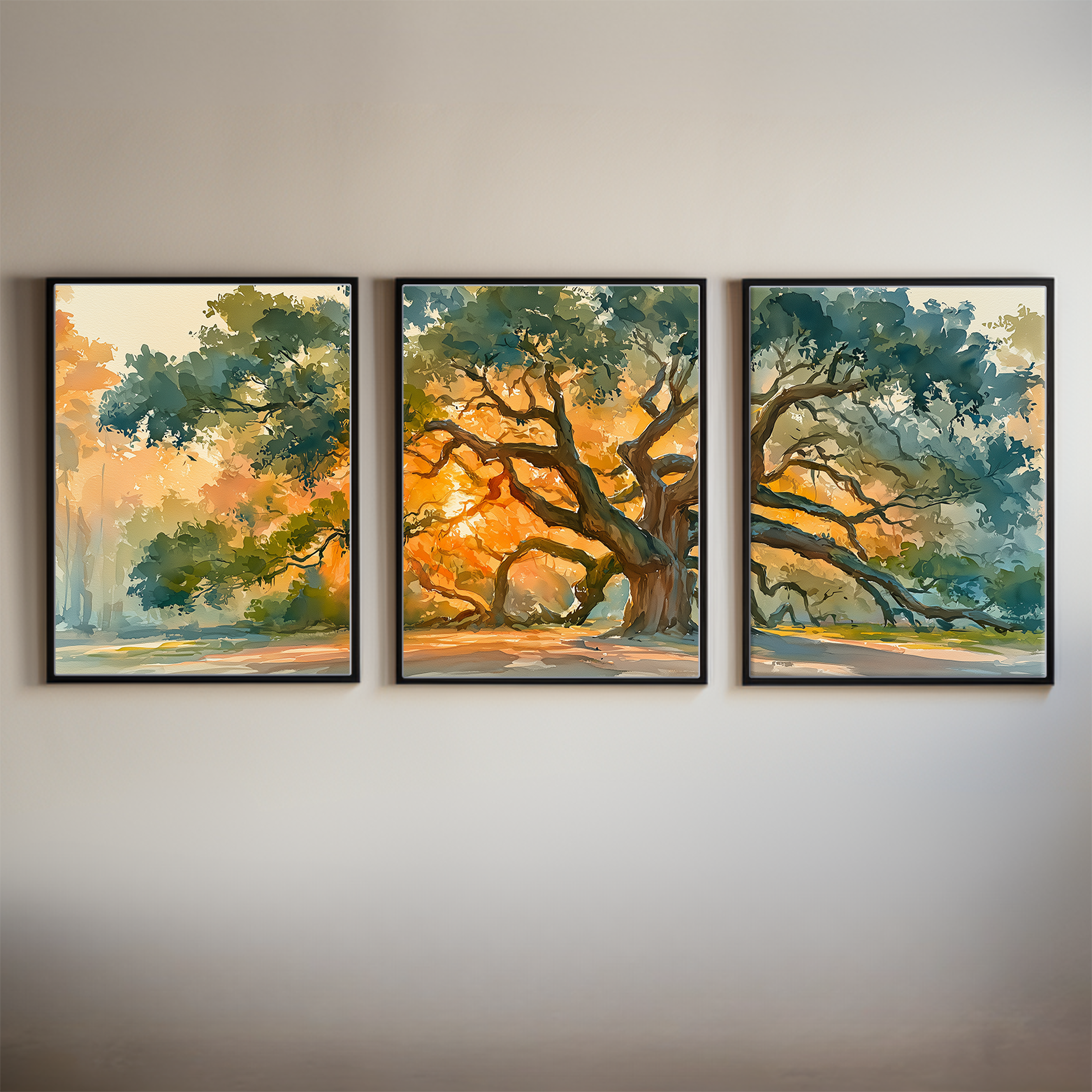 Angel Oak Charleston South Carolina Watercolor Triptych Wall Art, Set of 3 Tree Prints