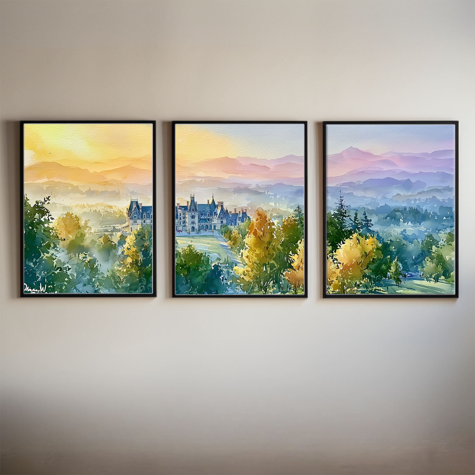 Biltmore Estate Blue Ridge Mountains North Carolina Watercolor Triptych Wall Art, Set of 3 Asheville Prints