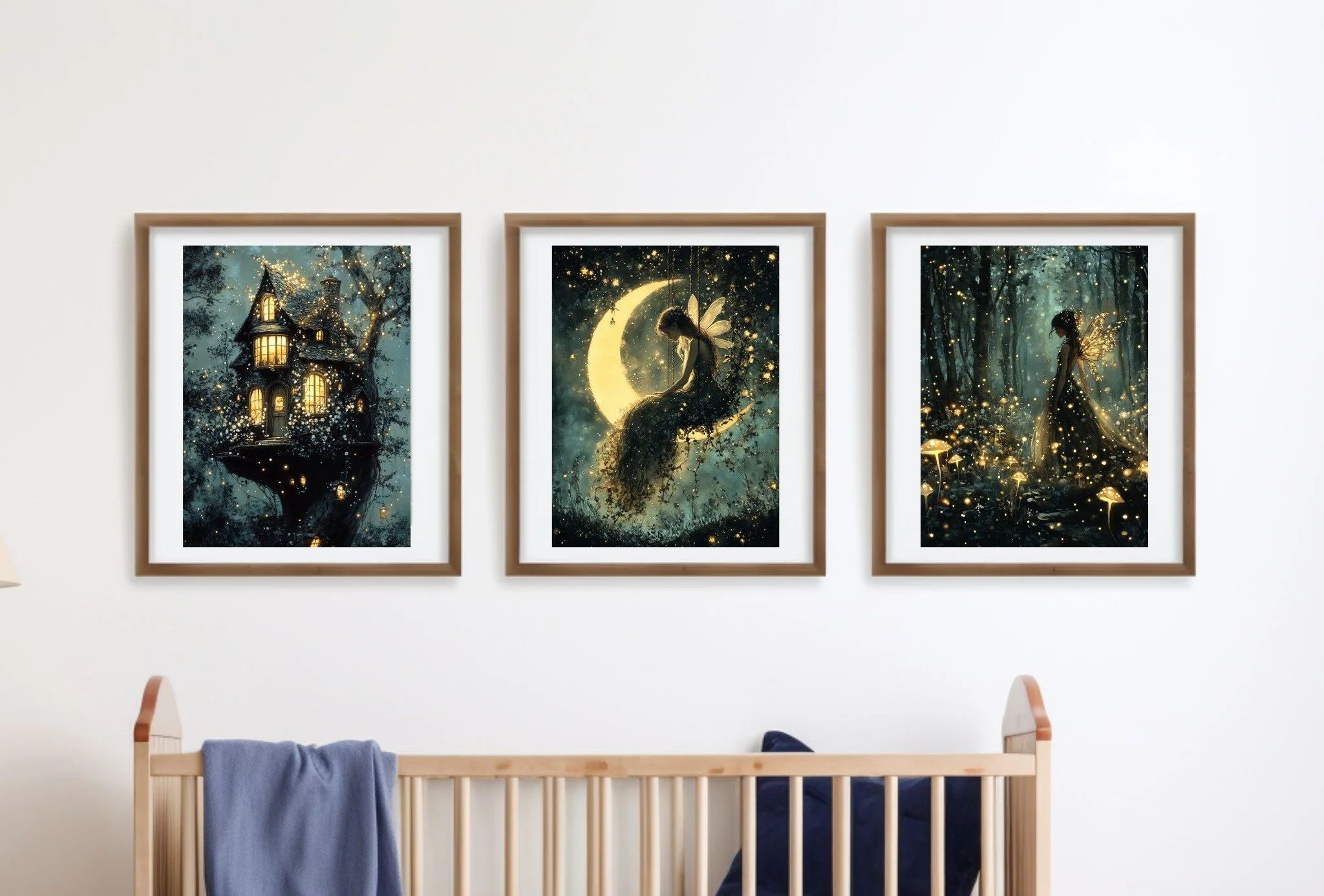 Nursery with wooden crib and three framed fairy watercolor prints featuring a glowing treehouse, a moonlit fairy, and a magical forest scene.