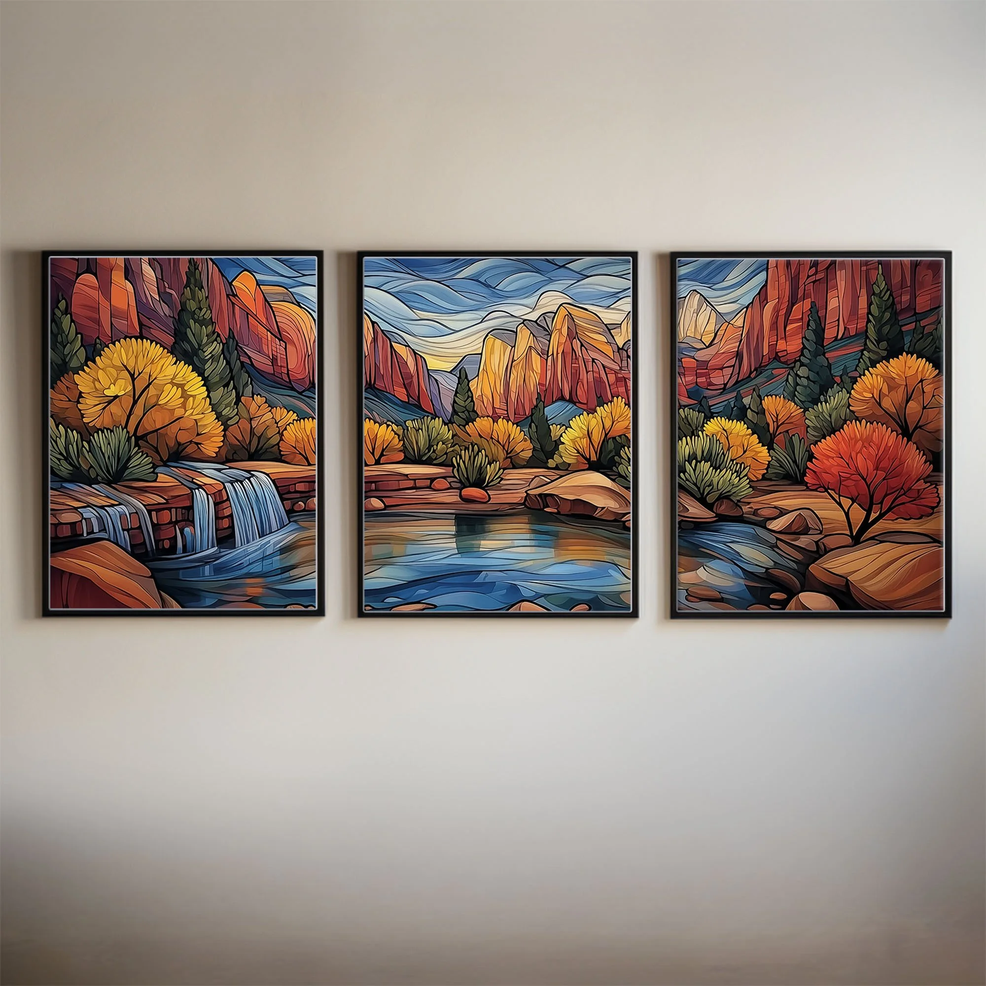 Framed Zion National Park Emerald Pools abstract acrylic triptych on a neutral interior wall